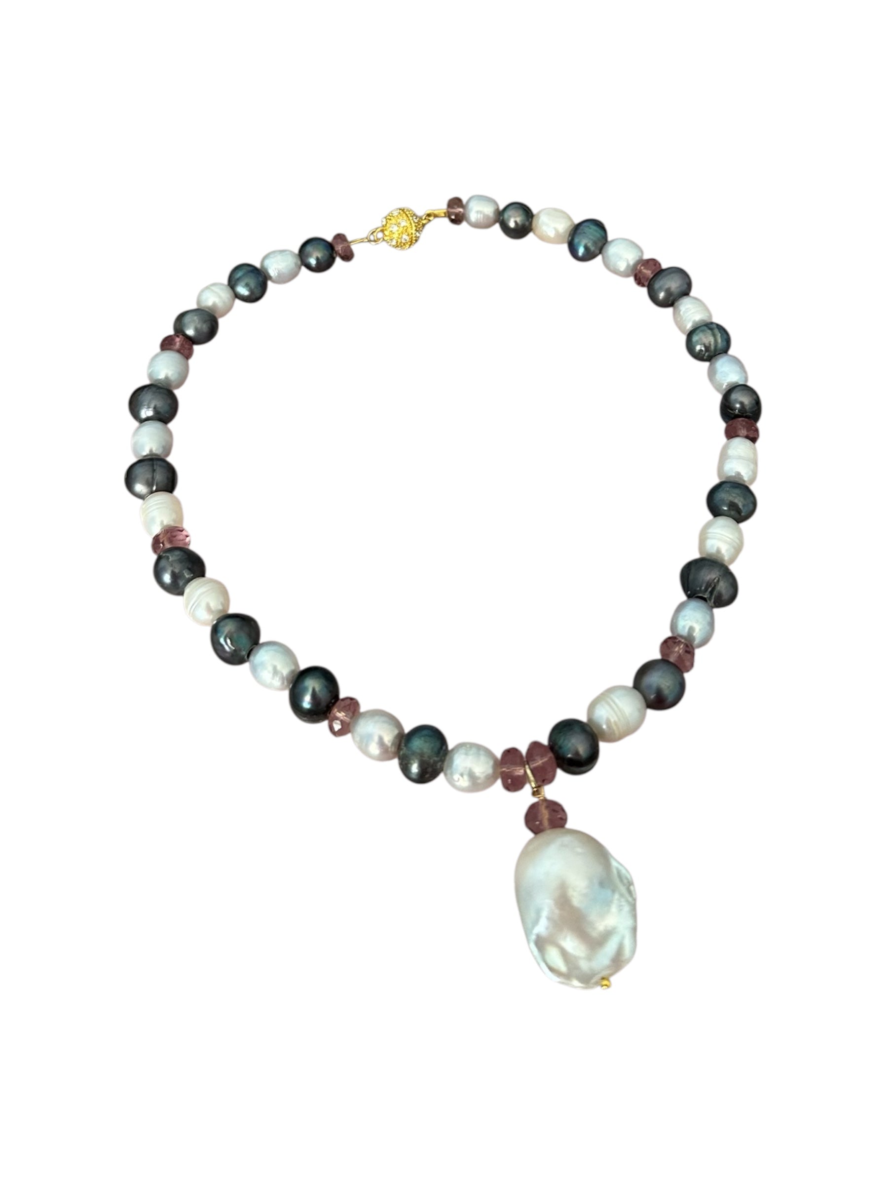 Resort Ready - Tahitian Black Pearl, Freshwater Pearl and Pink Amethyst Gemstone Necklace