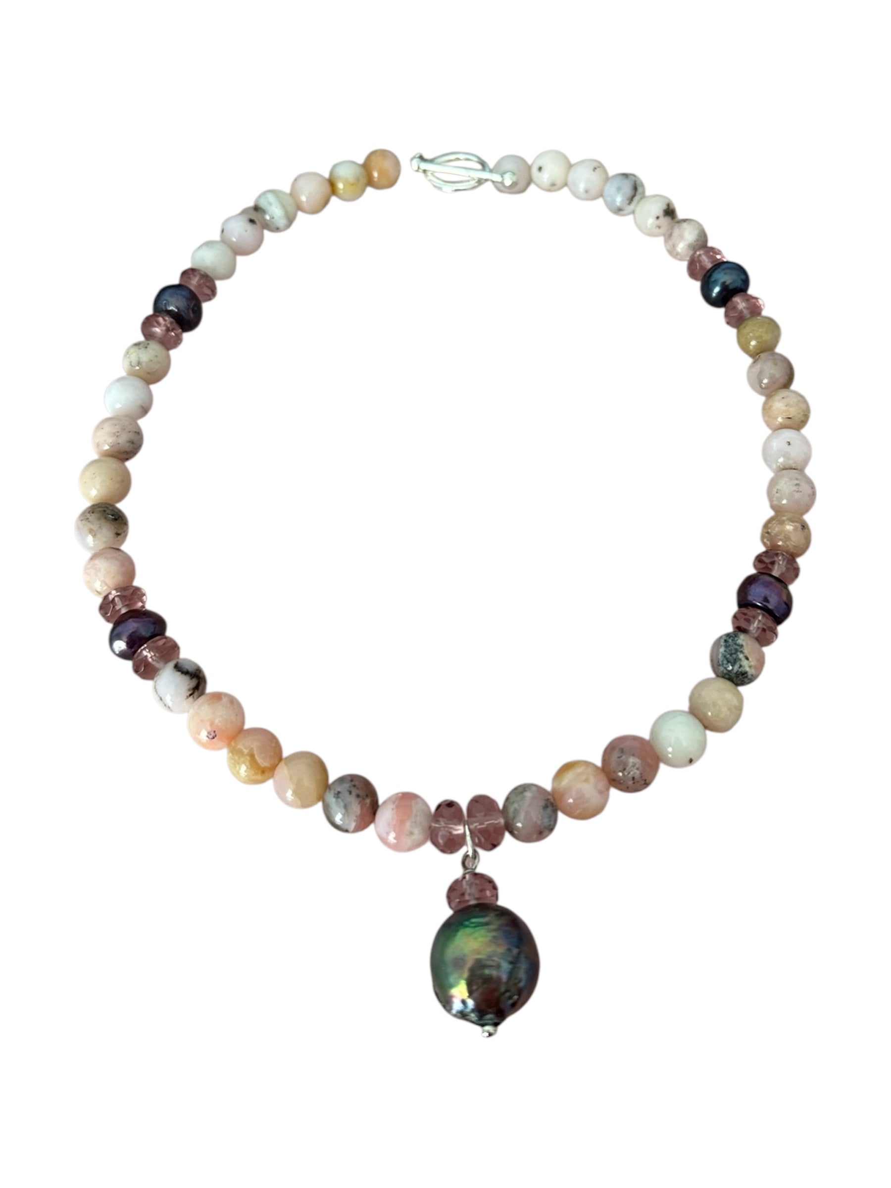 Shell-a-brate - Tahitian Black Pearl, Pink Opal and Pink Amethyst Gemstone Necklace