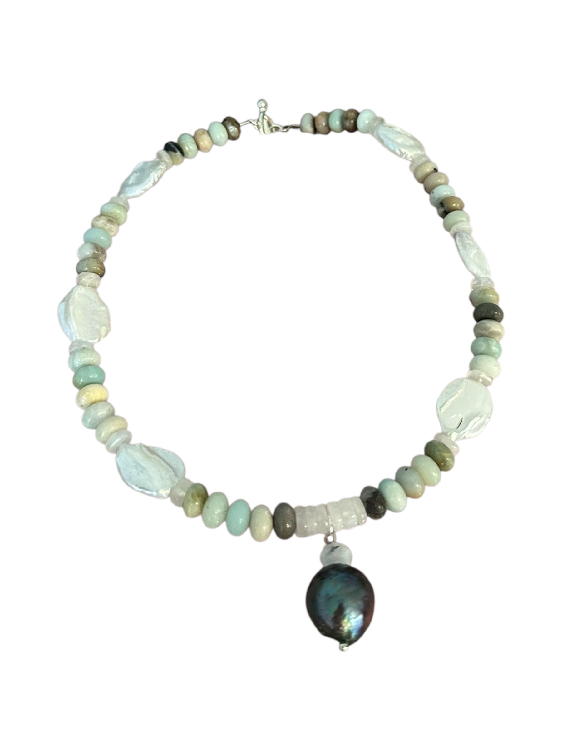 Beach Baby - Freshwater Pearl, Moonstone, Amazonite and Tahitian Black Pearl Gemstone Necklace