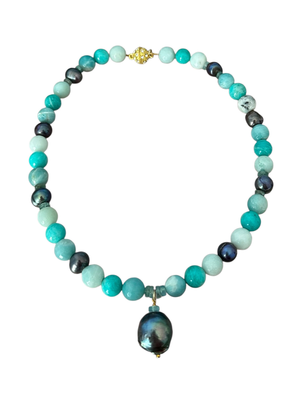 Sea Breeze Gemstone Necklace - Tahitian Black Pearl, Apatite and Amazonite | Handmade Jewelry
