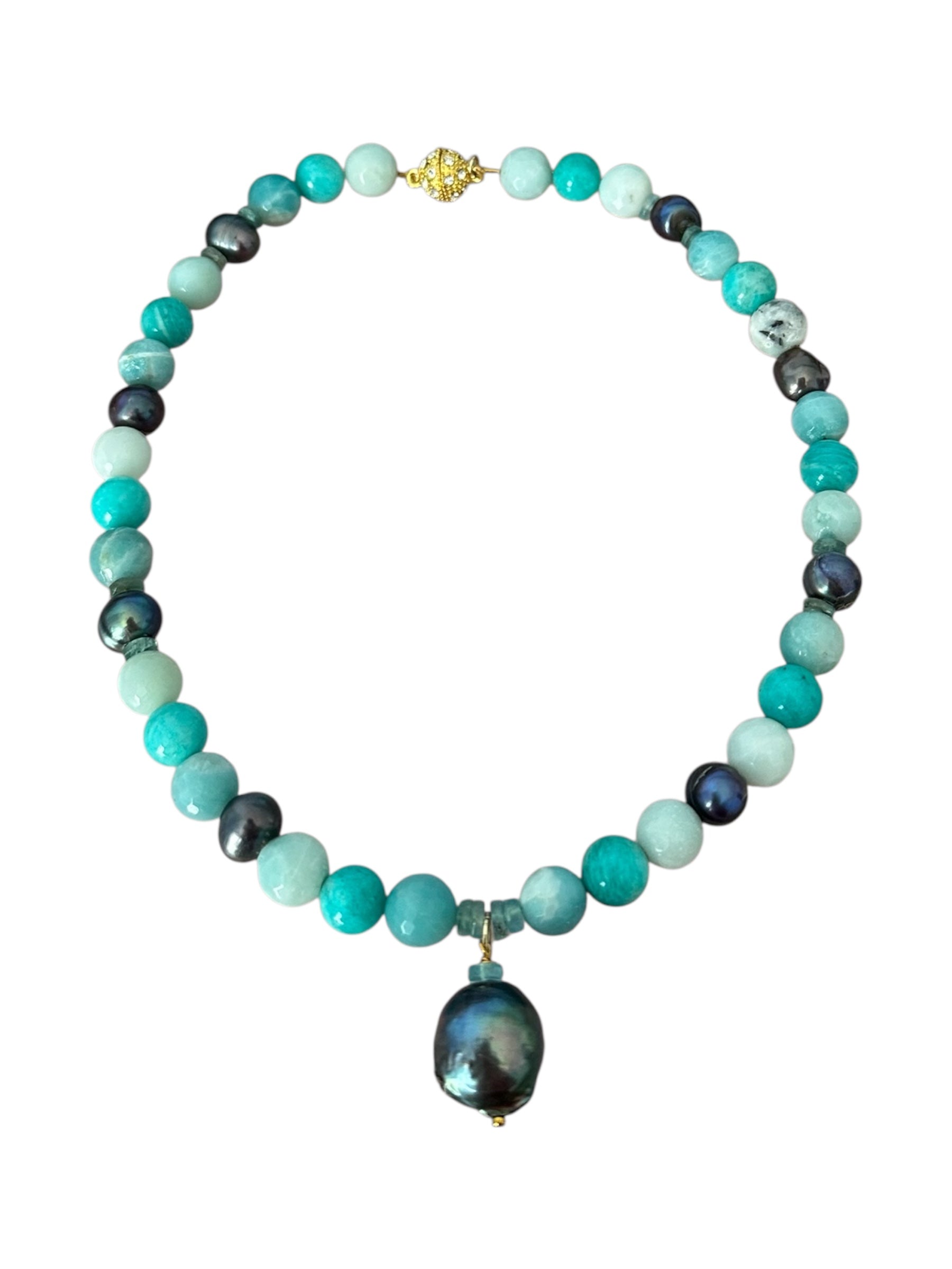 Sea Breeze - Tahitian Black Pearl, Apatite and Amazonite Gemstone Necklace