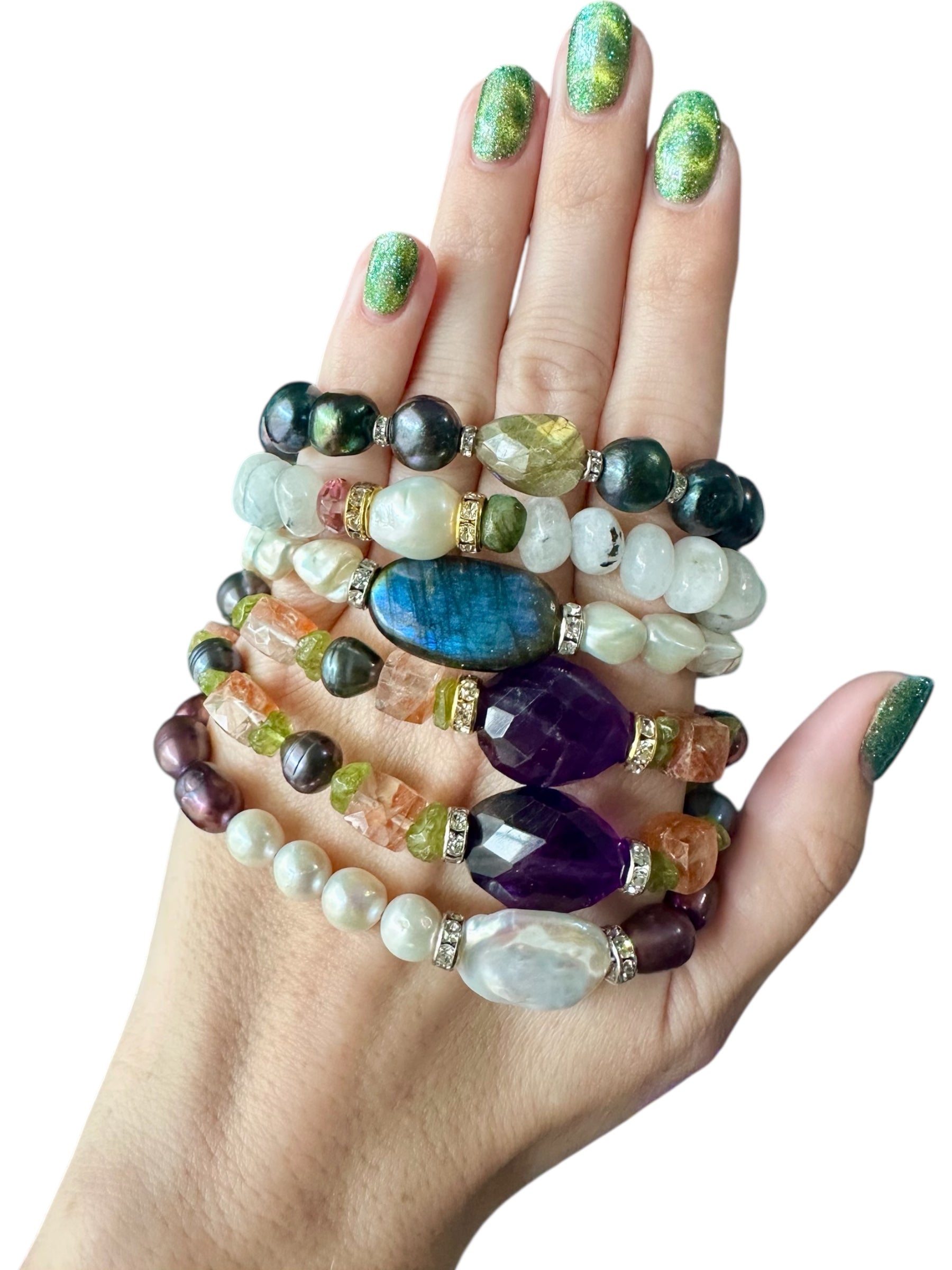 Golden Glimmer Collection Gemstone Bracelets - Labradorite, Moonstone, Pearls, Amethyst, Sunstone, Peridot | Handmade Jewelry