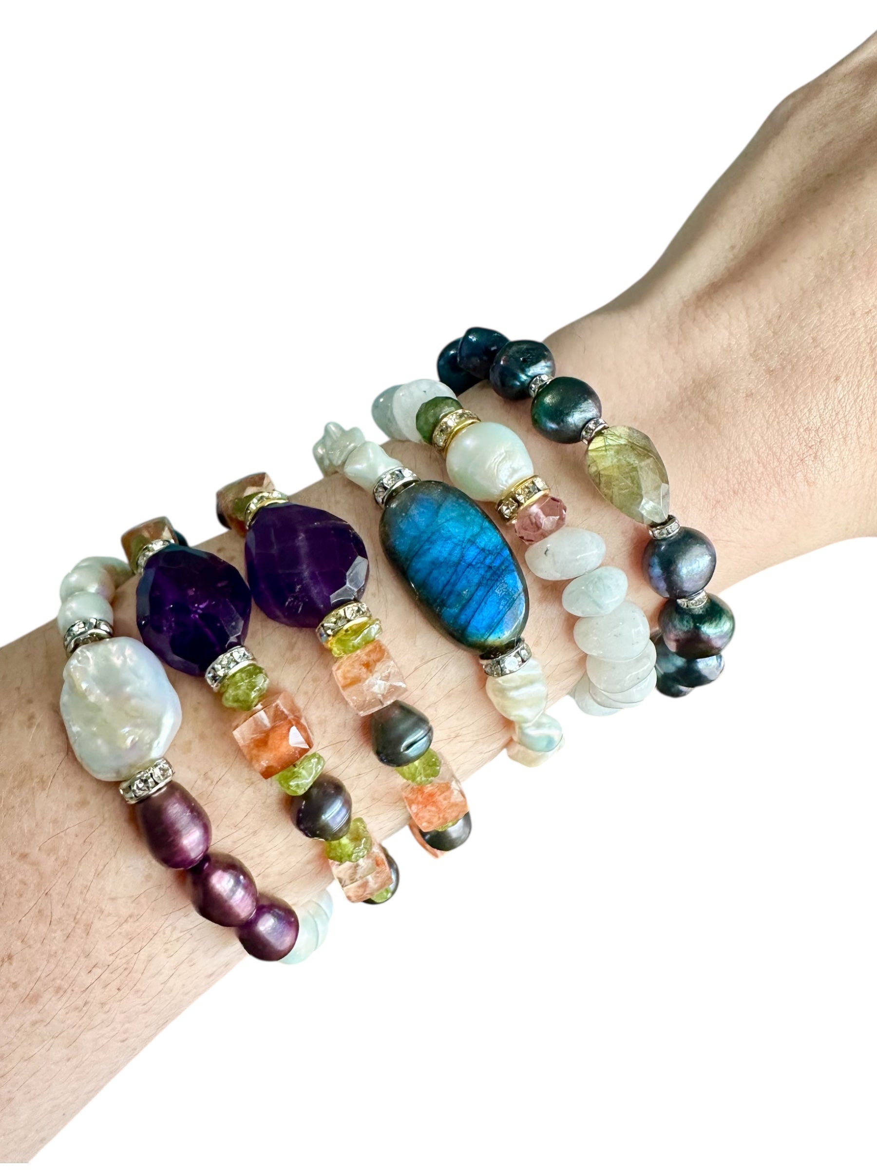 Golden Glimmer Collection Gemstone Bracelets - Labradorite, Moonstone, Pearls, Amethyst, Sunstone, Peridot | Handmade Jewelry