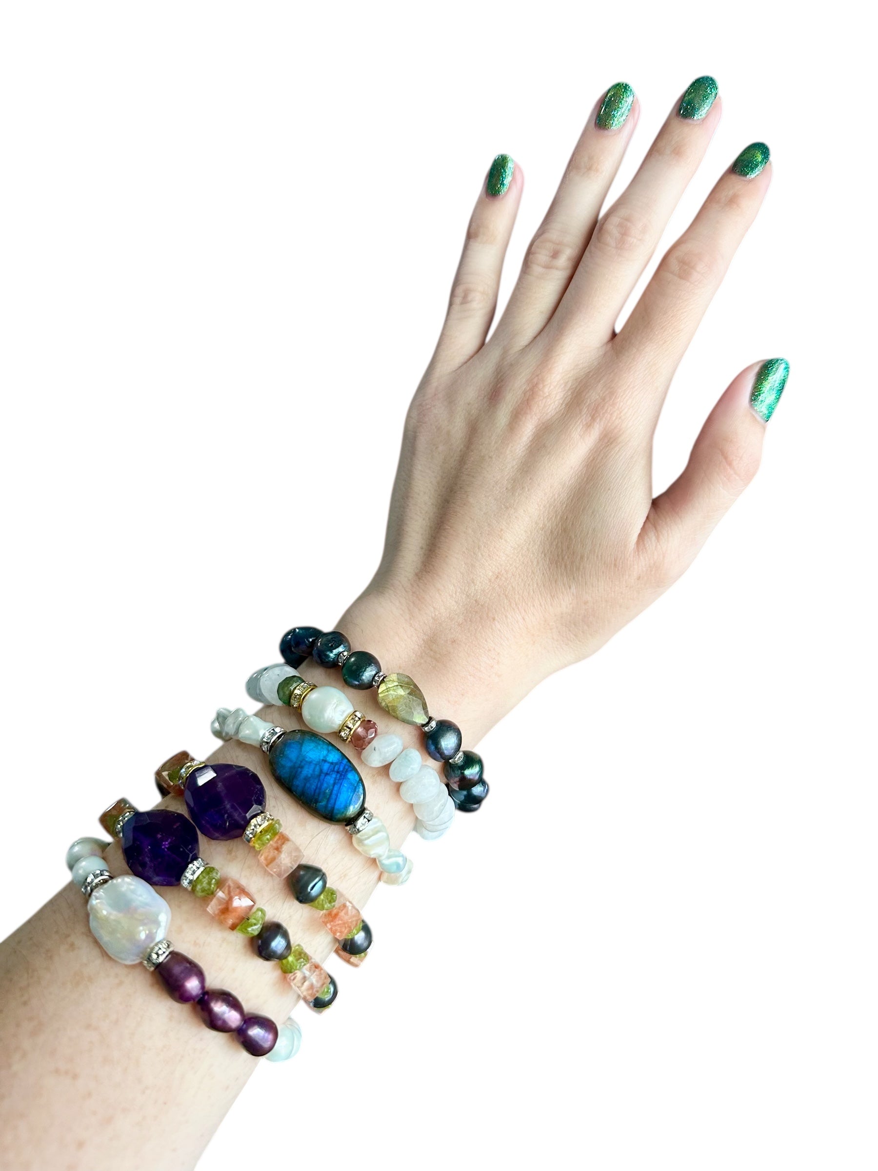 Golden Glimmer Collection Gemstone Bracelets - Labradorite, Moonstone, Pearls, Amethyst, Sunstone, Peridot | Handmade Jewelry