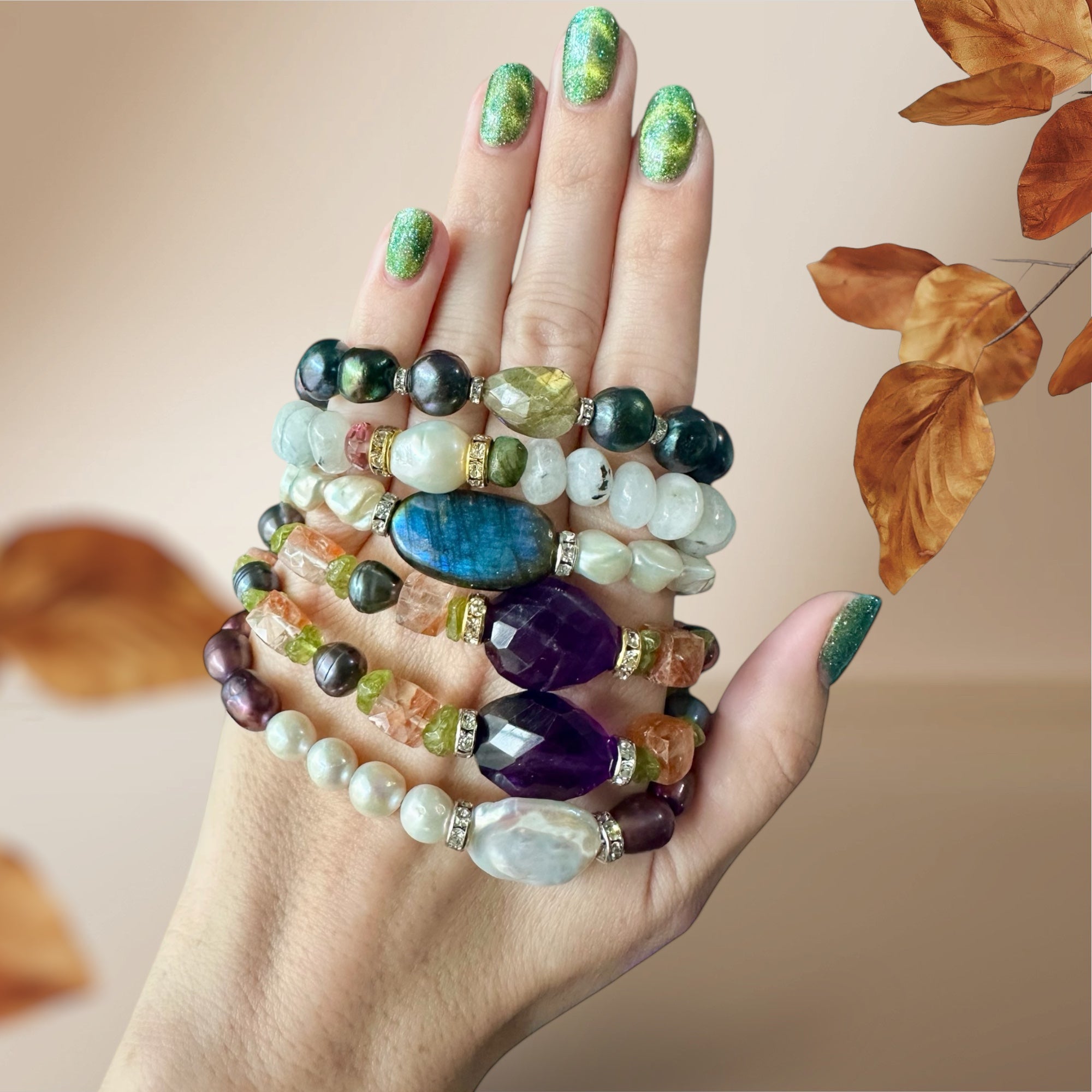 Golden Glimmer Collection Gemstone Bracelets - Labradorite, Moonstone, Pearls, Amethyst, Sunstone, Peridot | Handmade Jewelry