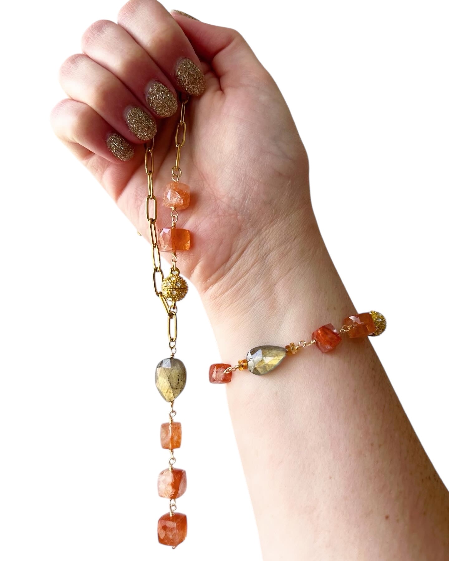 Kenzie - Cascading Labradorite and Sunstone Gemstone Paperclip Chain Lariat Necklace