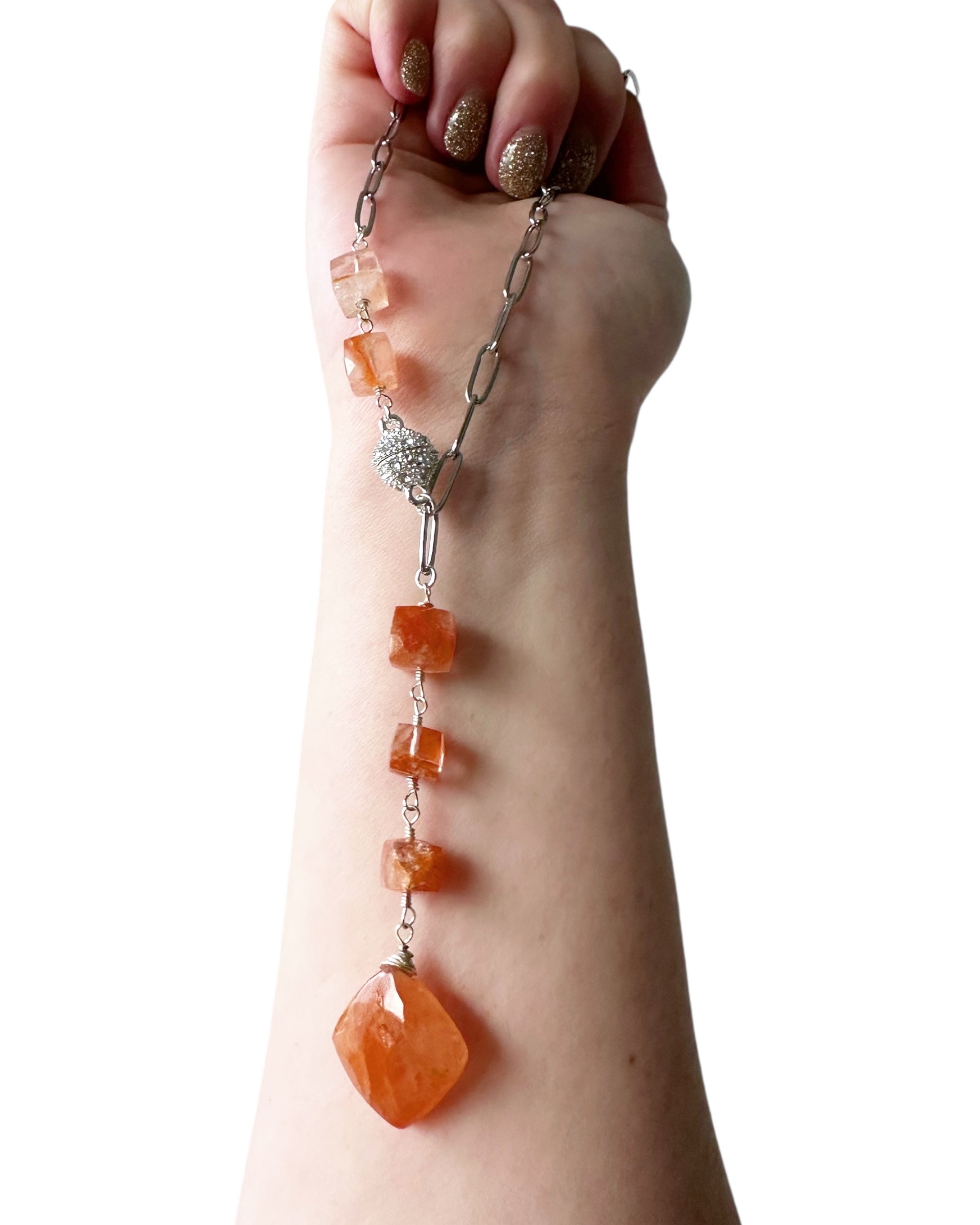 Nora - Cascading Sunstone Gemstone Paperclip Chain Lariat Necklace