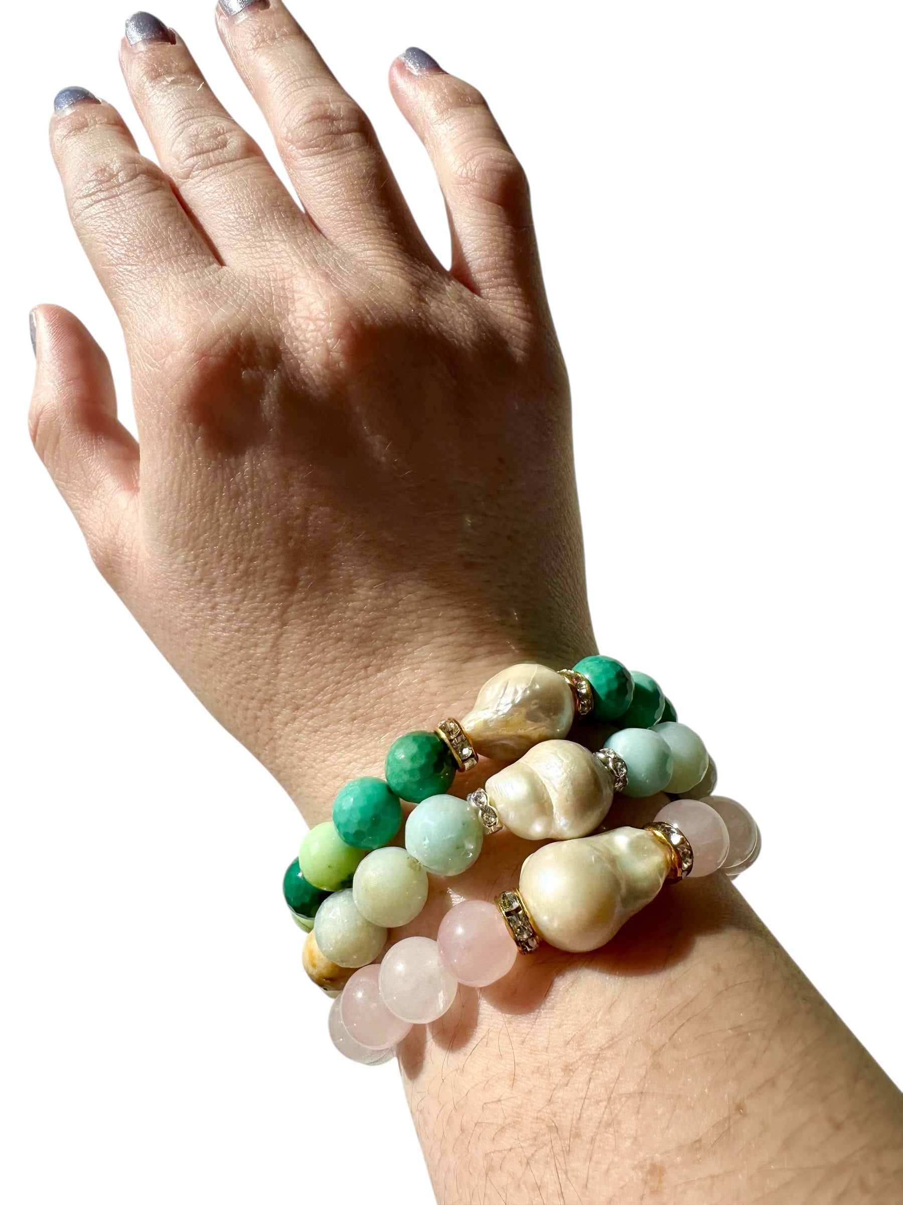 Hailey - Baroque Pearl, Rose Quartz, Chrysoprase and Amazonite Gemstone Bracelets