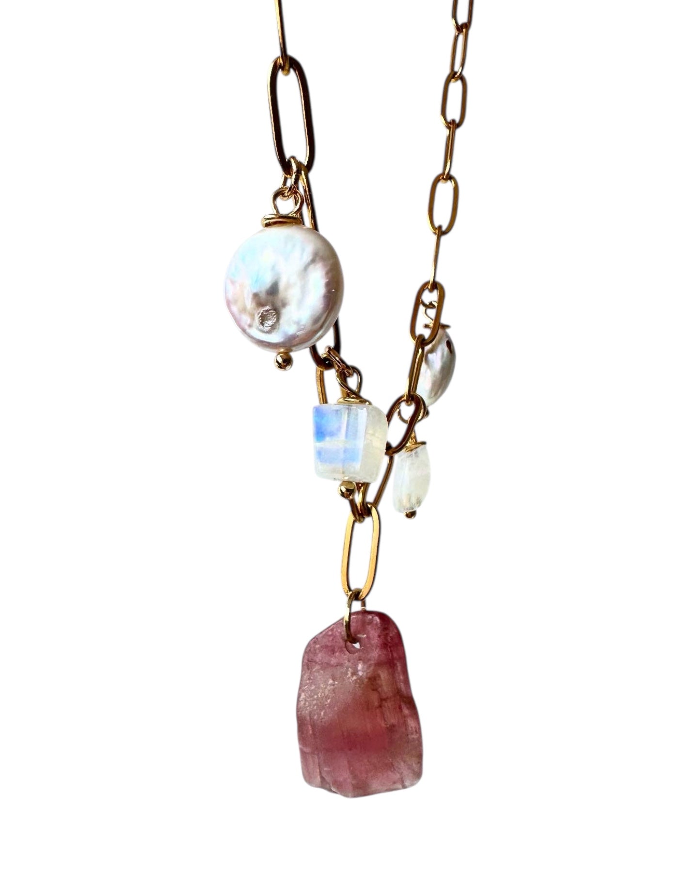 Pink Starburst - Pink Tourmaline, Moonstone and Freshwater Pearl Gemstone Necklace