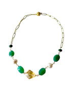 Celia Gemstone Necklace - Citrine, Green Onyx, Freshwater Pearl and Emerald Paperclip Chain Necklace | Positivity, Wisdom and Compassion