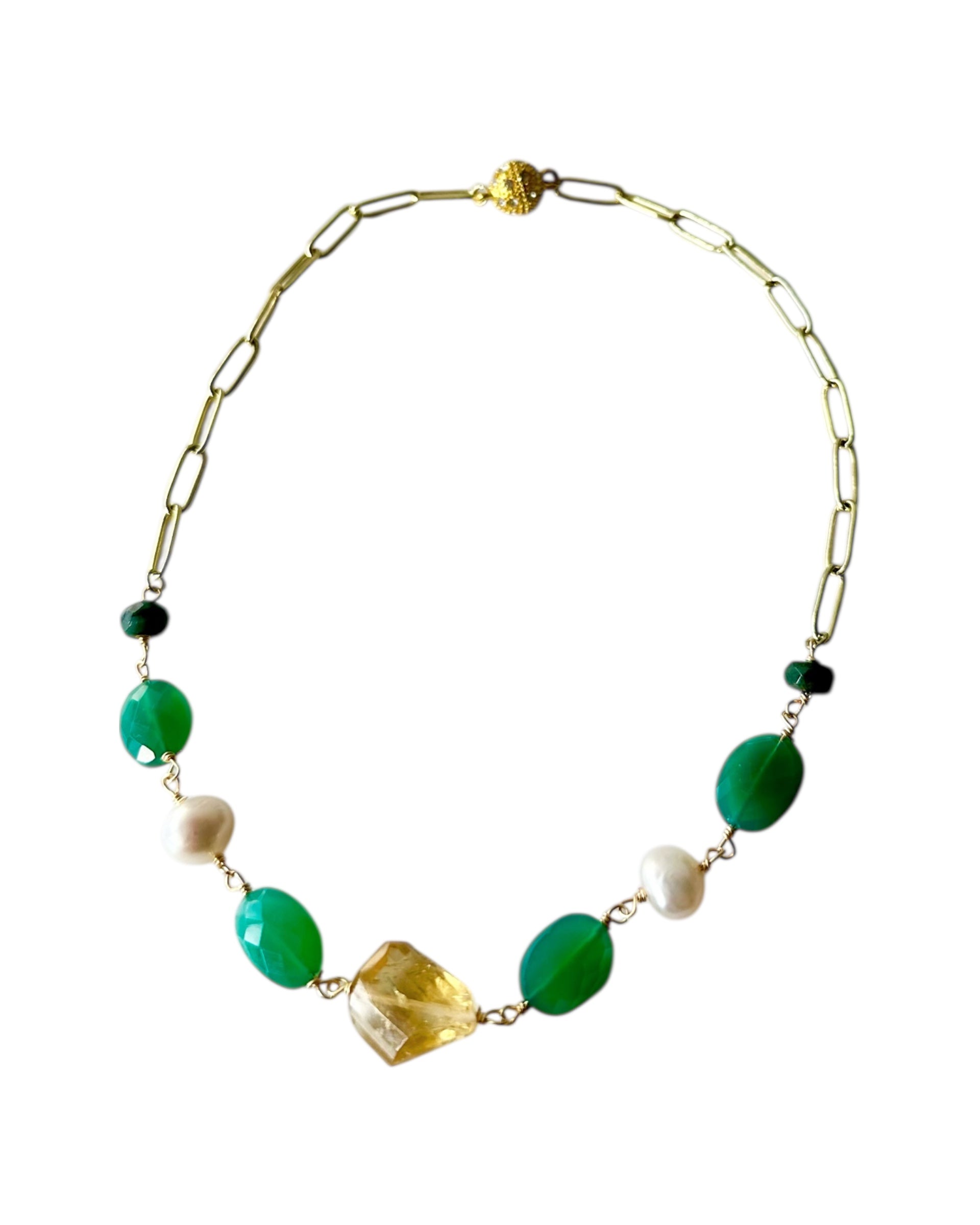 Celia - Citrine, Green Onyx, Freshwater Pearl and Emerald Gemstone Paperclip Chain Necklace