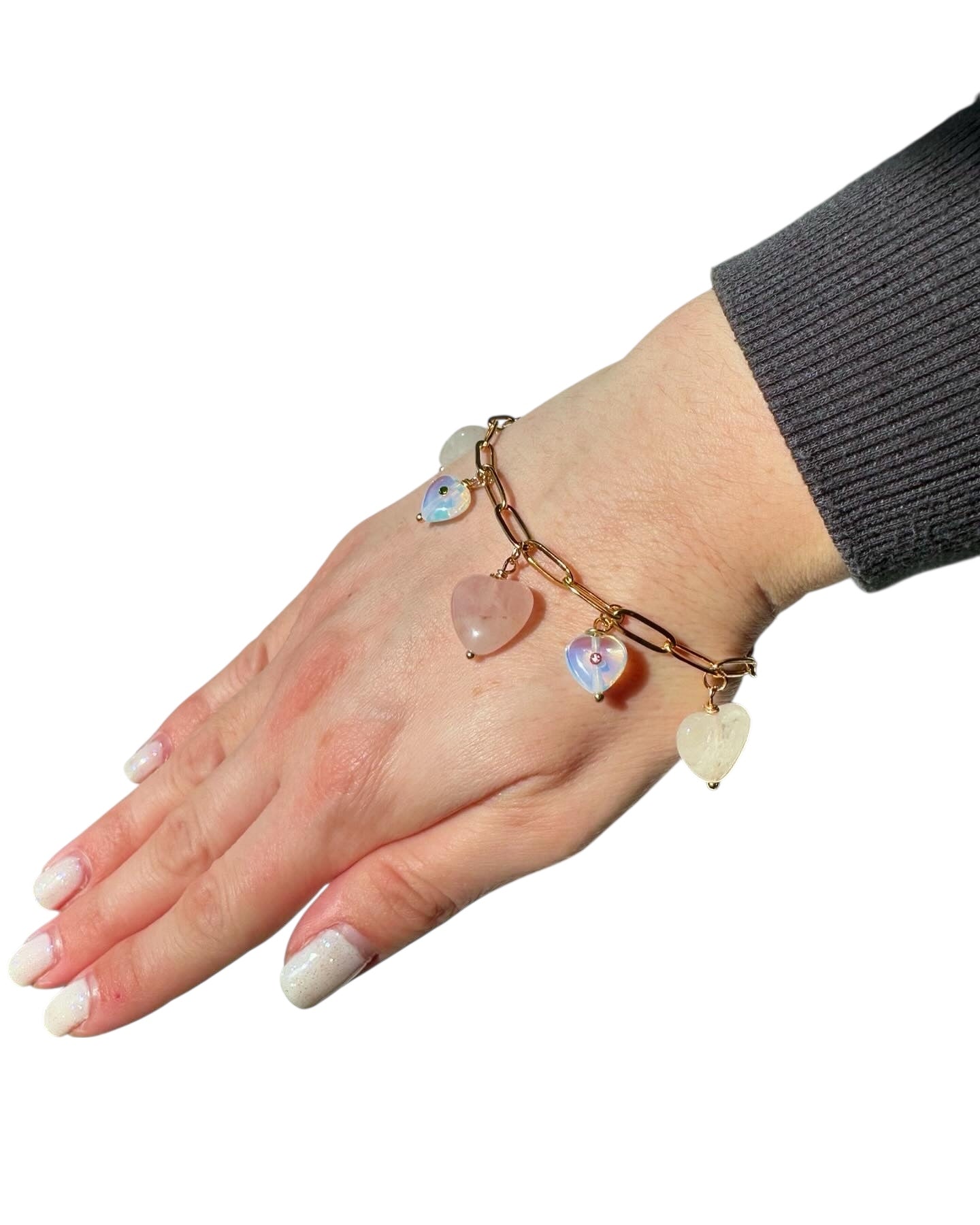 XOXO - Rose Quartz and Opalite Gemstone Charm Bracelet