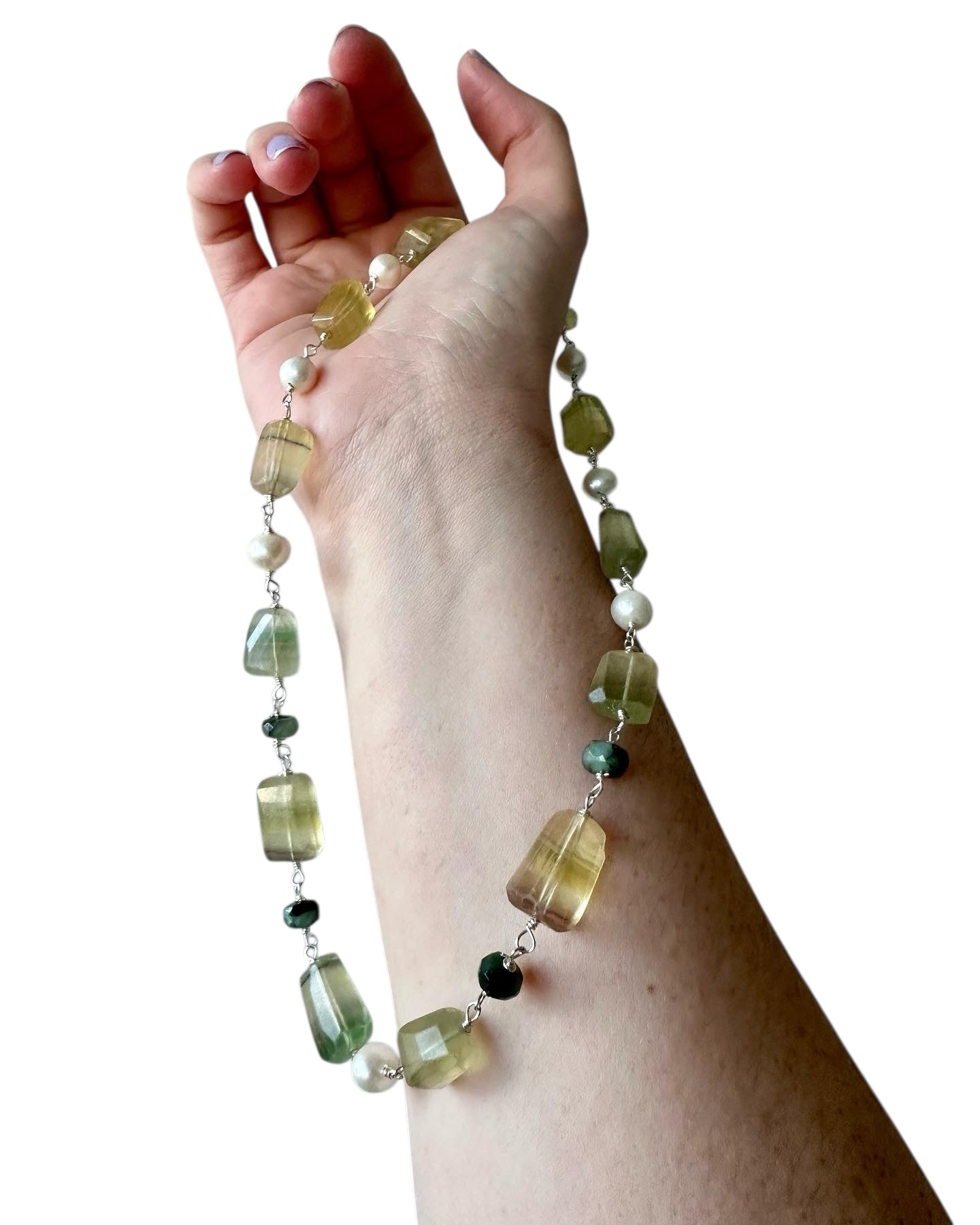Daisy - Fluorite, Emerald, Freshwater Pearl Gemstone Necklace