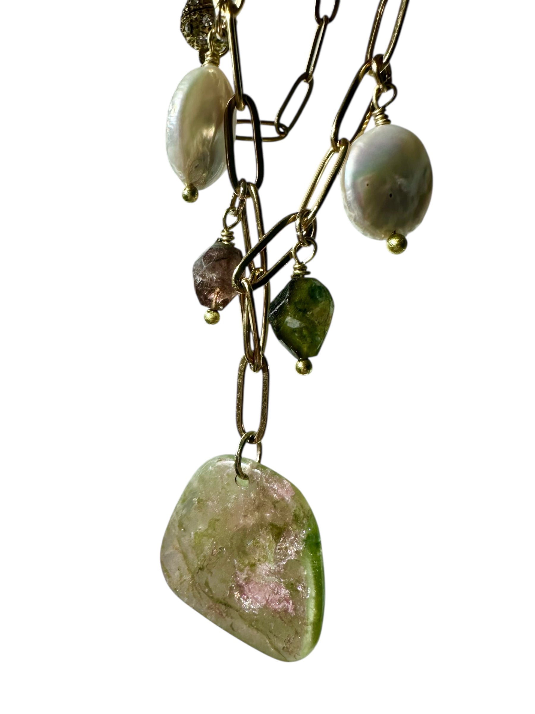 Watermelon Sugar - Watermelon Tourmaline and Freshwater Pearl Gemstone Necklace