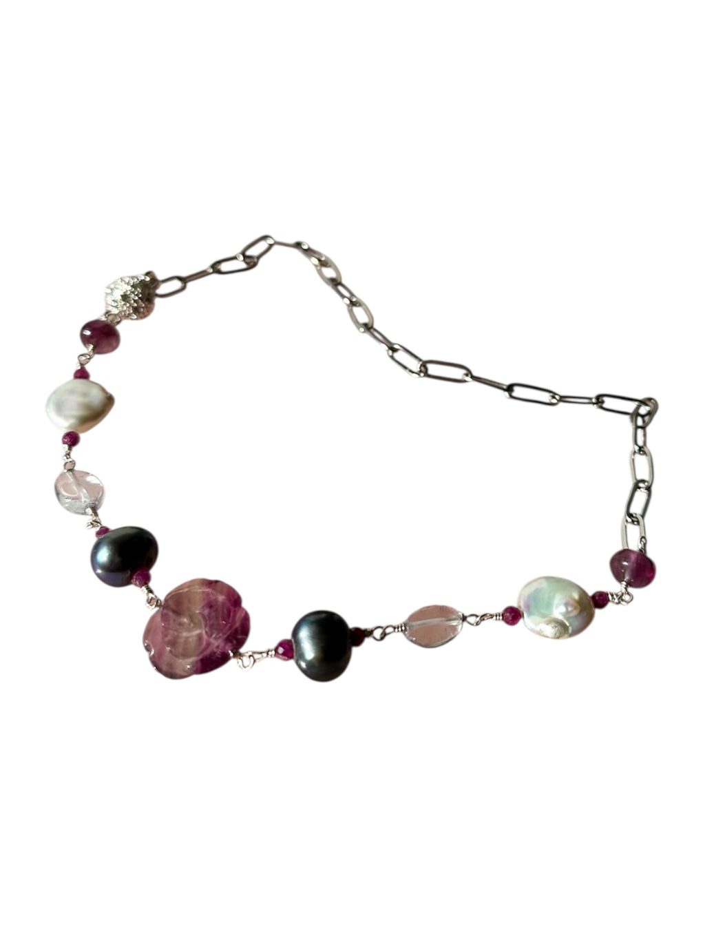 Lolli-Lolli-Lollipop Gemstone Necklace - Fluorite, Ruby, Tanzanite, Black Pearl and Freshwater Pearl | Handmade Jewelry