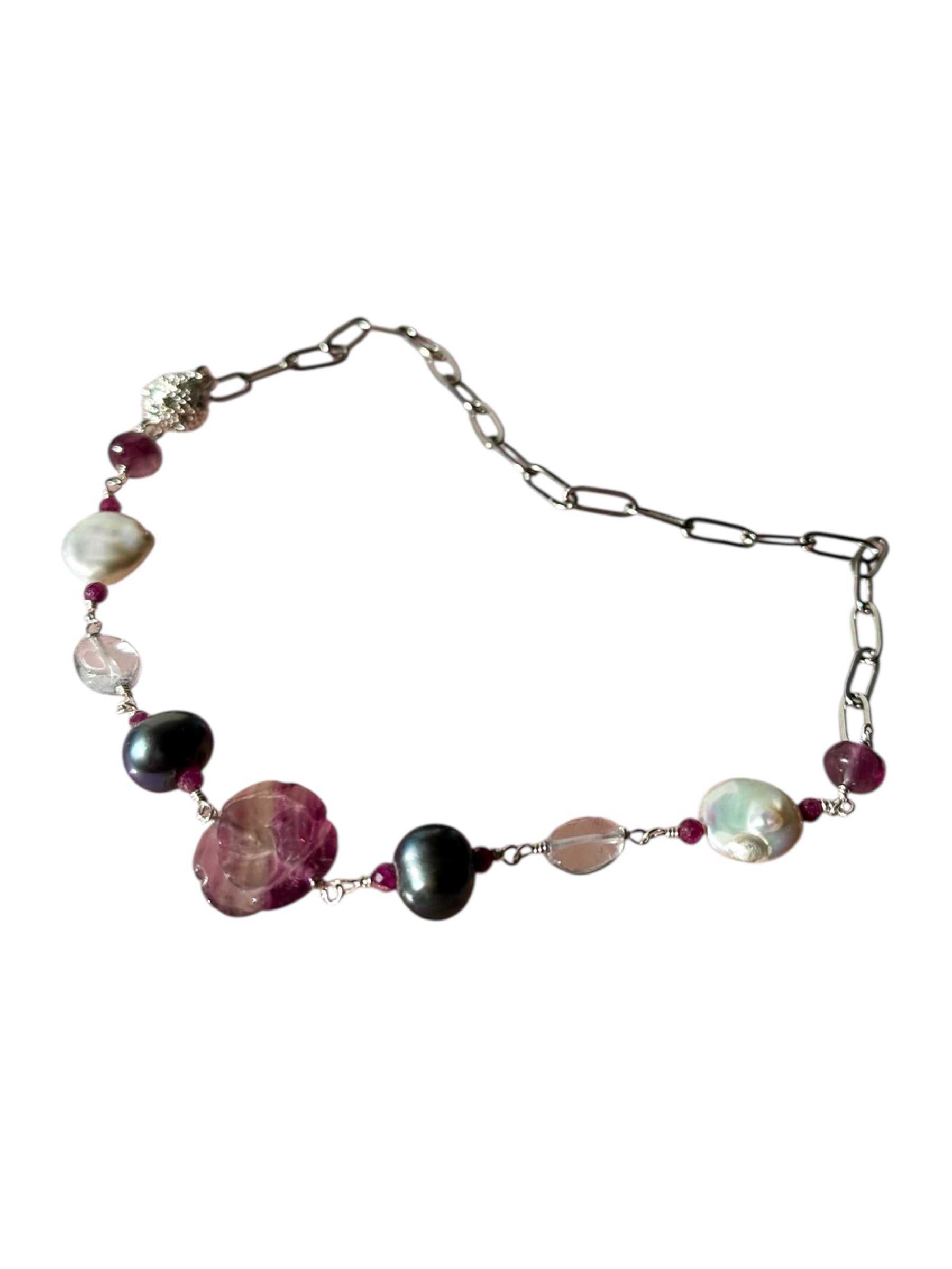 Lolli-Lolli-Lollipop - Fluorite, Ruby, Tanzanite, Black Pearl and Freshwater Pearl Gemstone Necklace