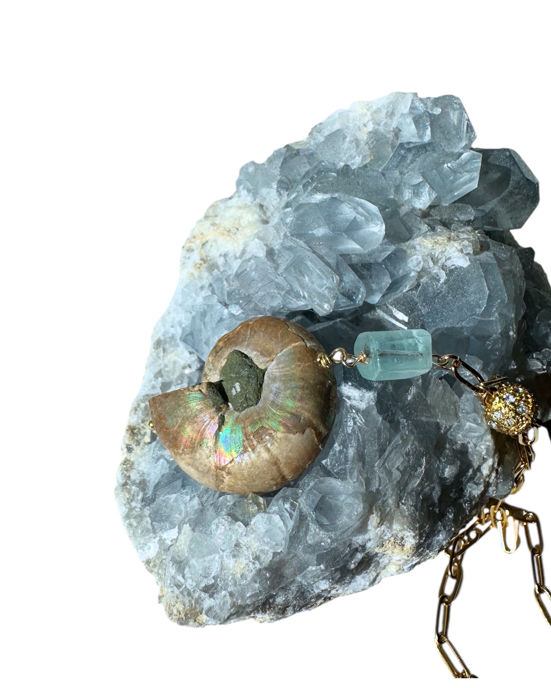 Jolly Rancher - Aquamarine and Ammonite Gemstone Necklace