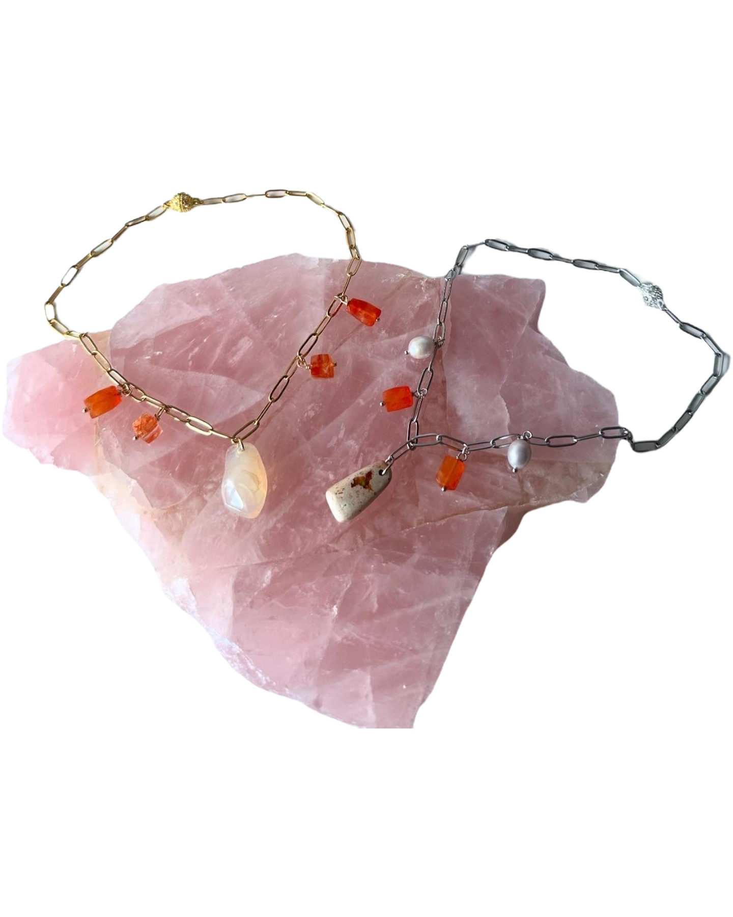 Red Hots - Mexican Fire Opal, Sunstone, Carnelian and Freshwater Pearl Gemstone Paperclip Chain Necklaces