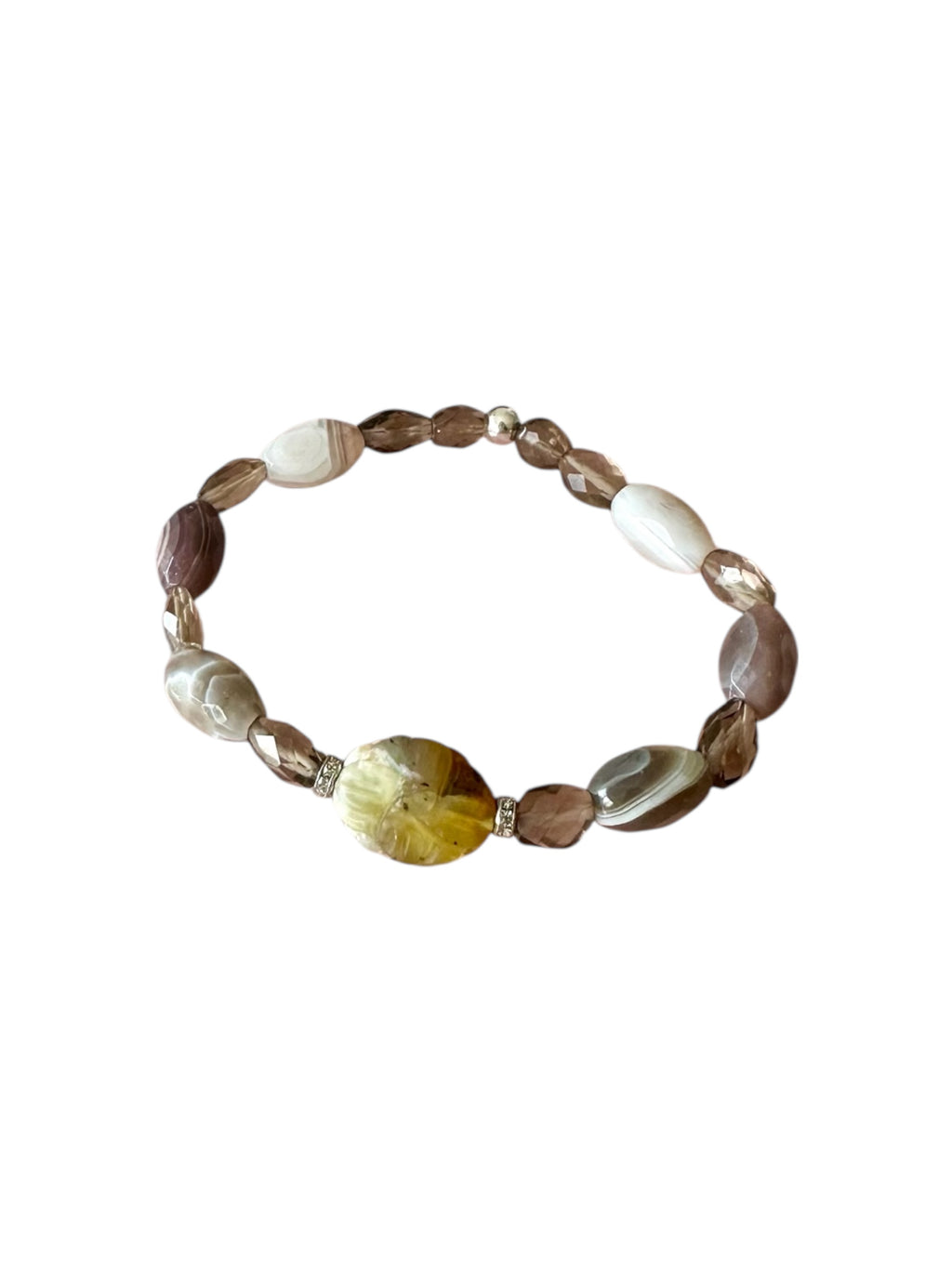 Coconut Gemstone Bracelet - Flower Jade, Botswana Agate and Smoky Quartz | Handmade Jewelry