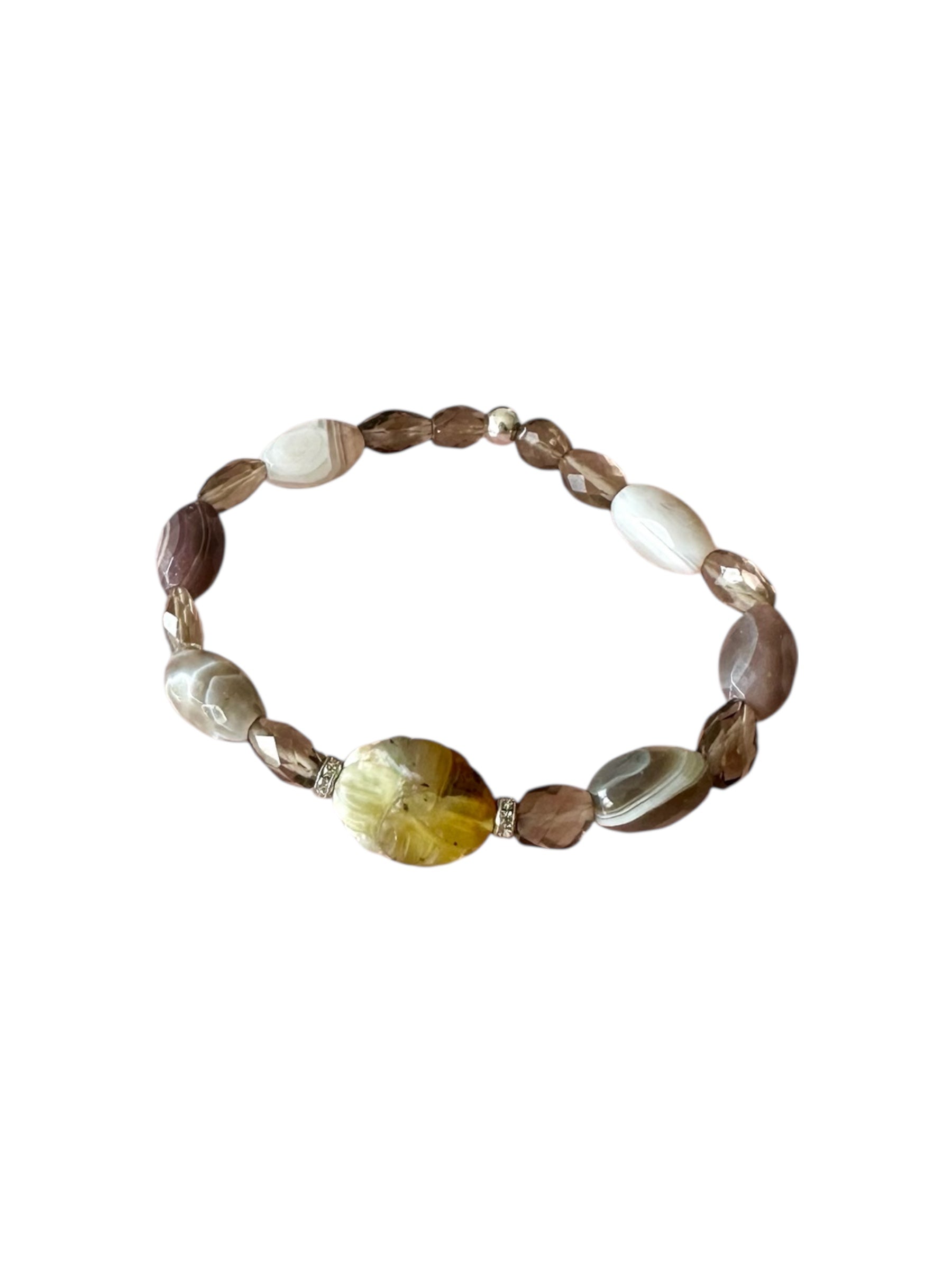 Coconut - Flower Jade, Botswana Agate and Smoky Quartz Gemstone Bracelet