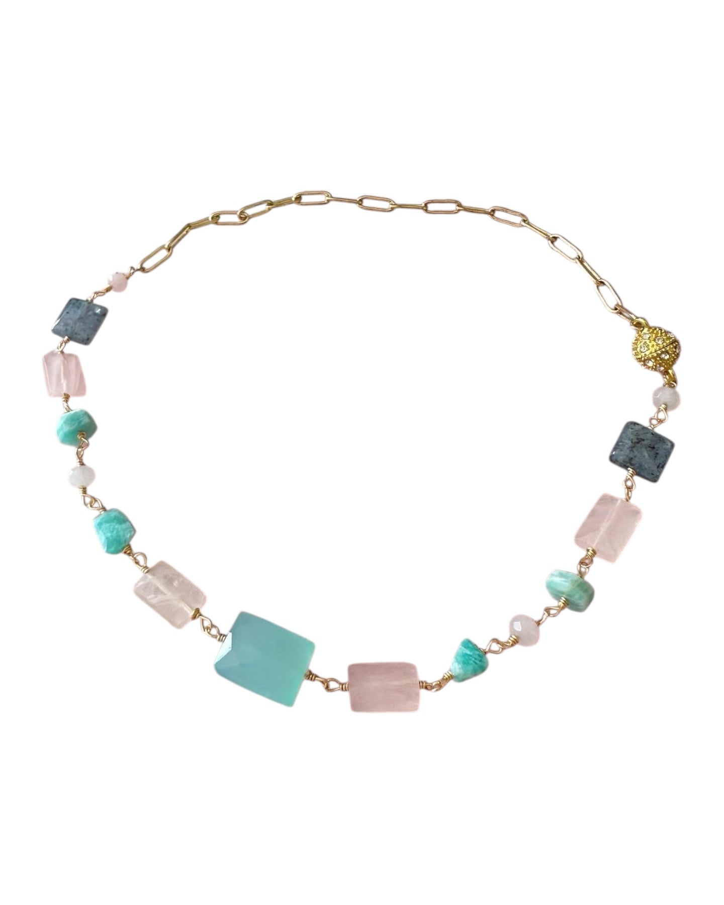 Melanie - Chalcedony, Rose Quartz, Kyanite and Amazonite Gemstone Paperclip Chain Necklace