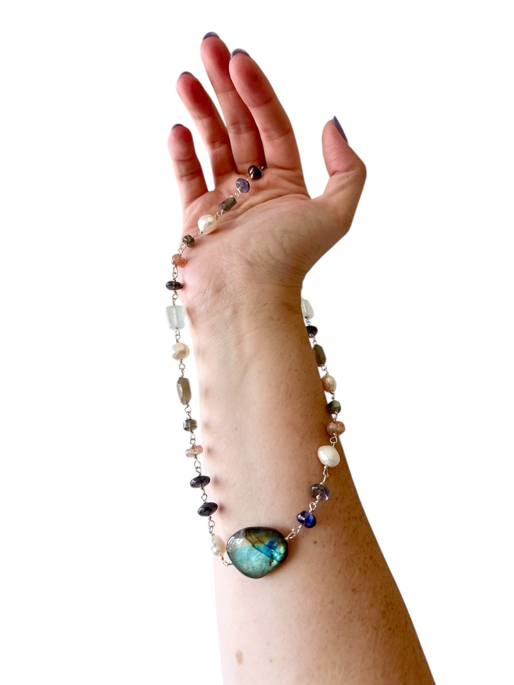 Wave - Labradorite, Iolite, Freshwater Pearl, Sunstone, Moonstone and Aquamarine Gemstone Necklace