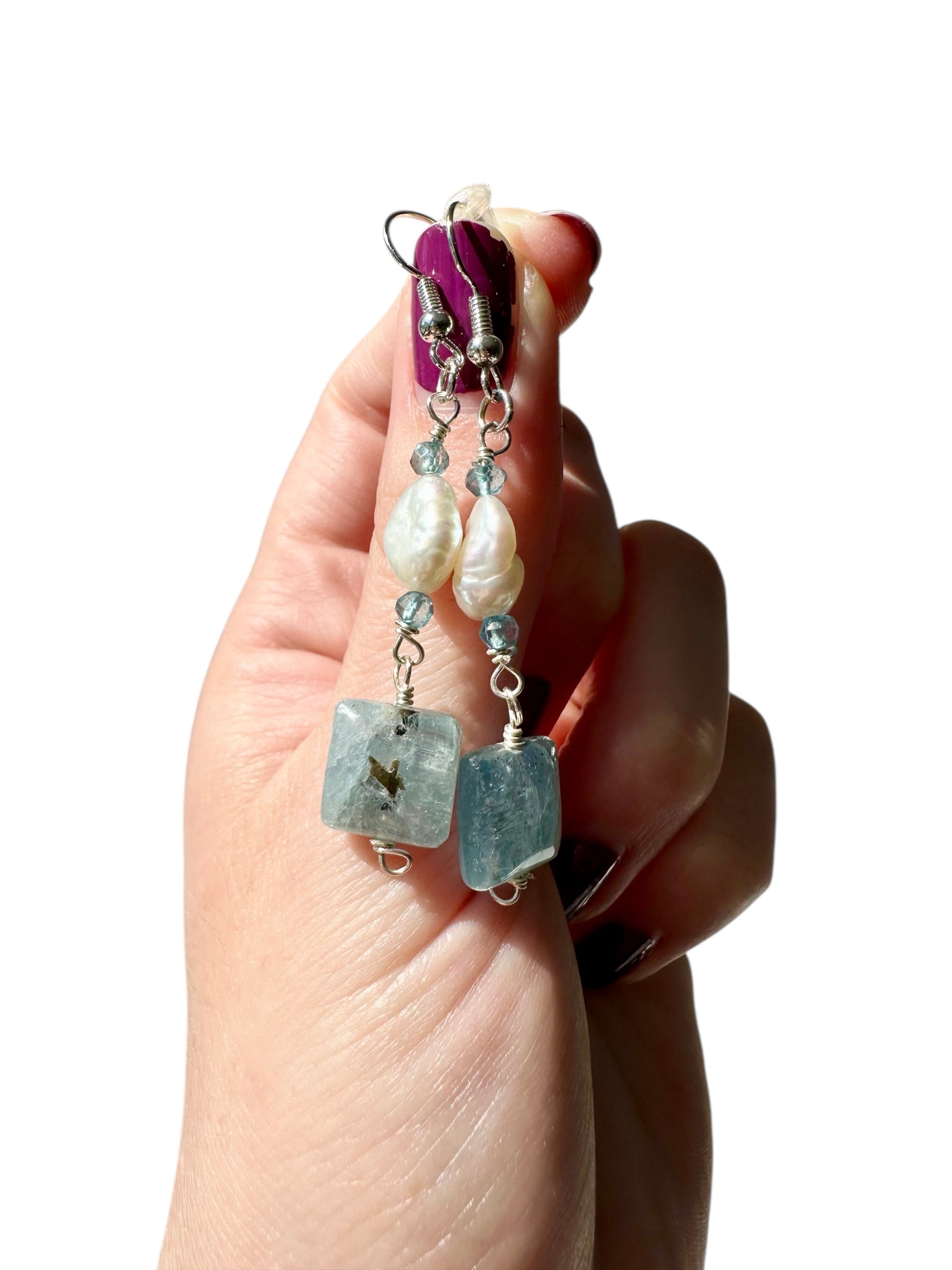 Riley - Freshwater Pearl, Blue Topaz and Kyanite Gemstone Earrings