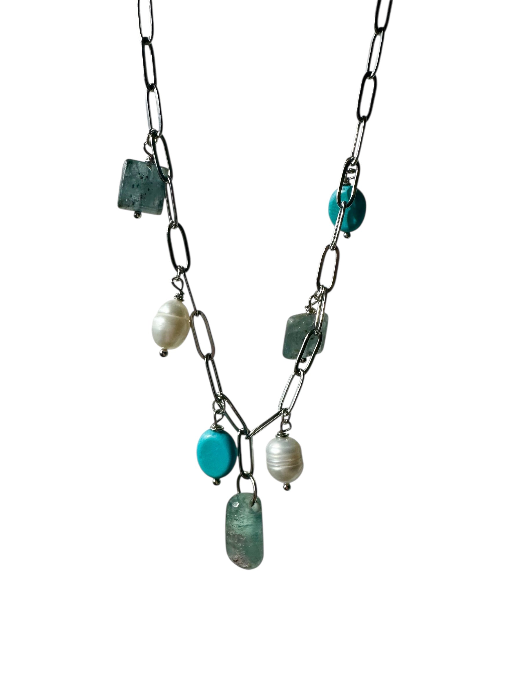 Blue Raspberry - Blue Tourmaline, Kyanite, Freshwater Pearl and Turquoise Gemstone Charm Necklace