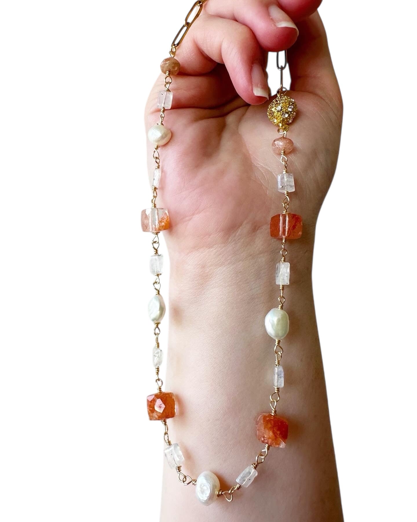 Reese - Sunstone, Moonstone and Freshwater Pearl Gemstone Paperclip Chain Necklace