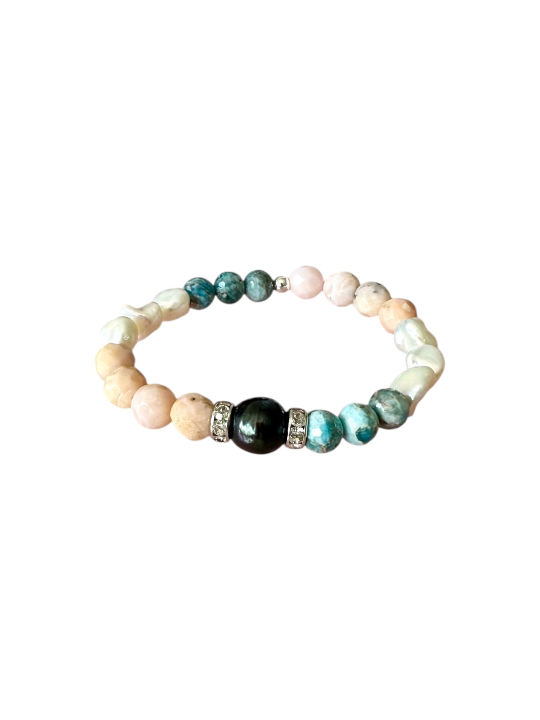 Toucan - Black Pearl, Pink Opal, Freshwater Pearl and Apatite Gemstone Bracelet