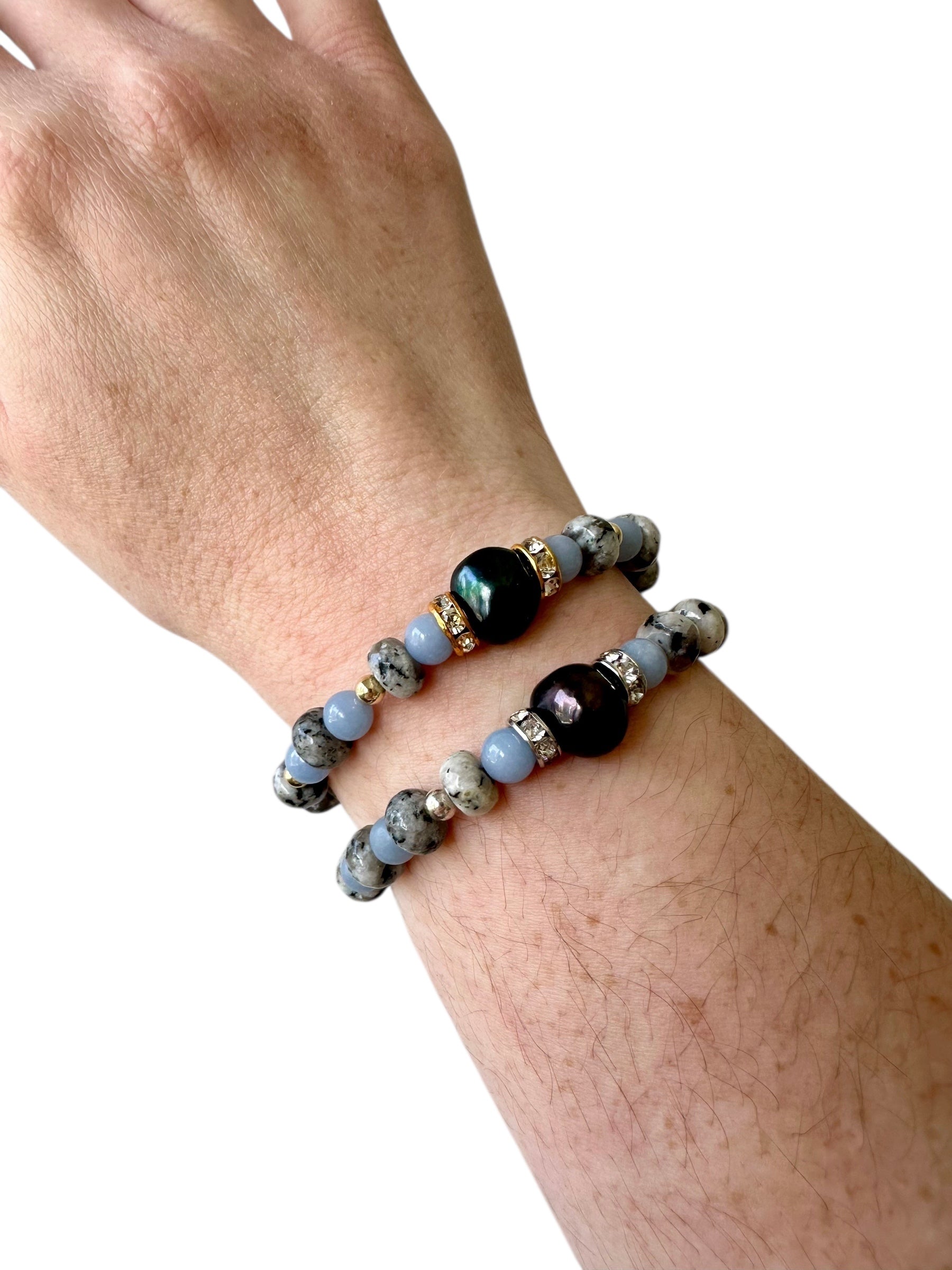 Royal - Black Pearl, Sesame Jasper and Angelite Gemstone Bracelets