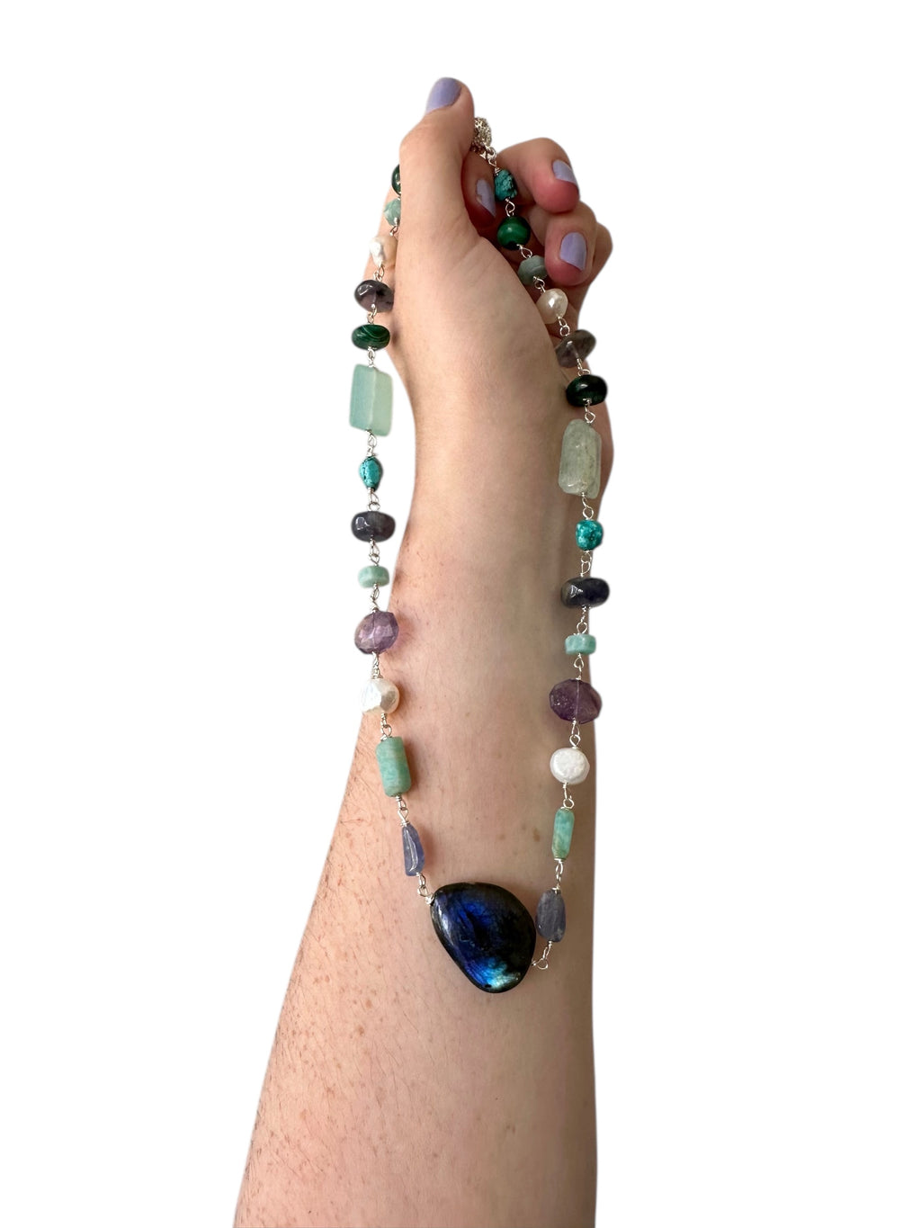 Abalone - Labradorite, Tanzanite, Amethyst, Amazonite, Chalcedony, Aquamarine, Iolite, Freshwater Pearl, Malachite and Turquoise Gemstone Necklace