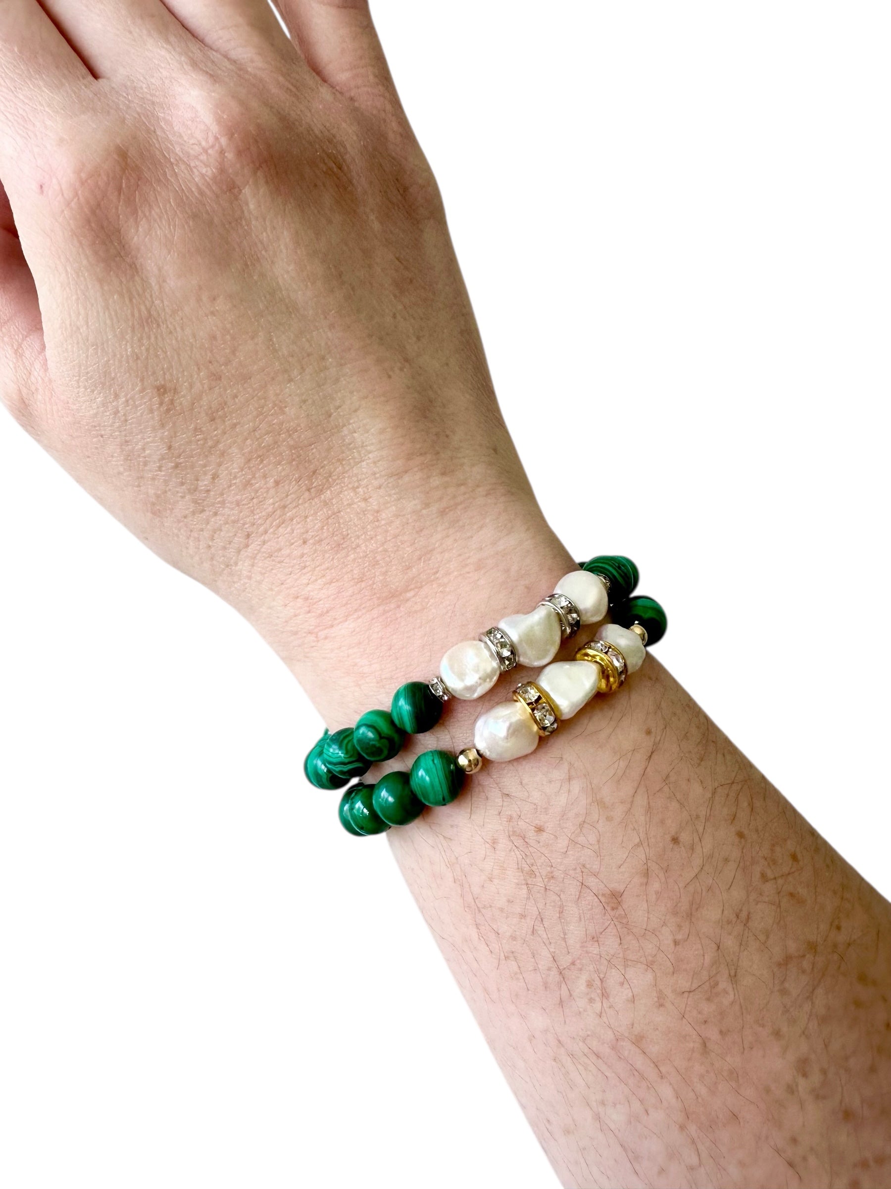 Daphne - Freshwater Pearl and Malachite Gemstone Bracelets