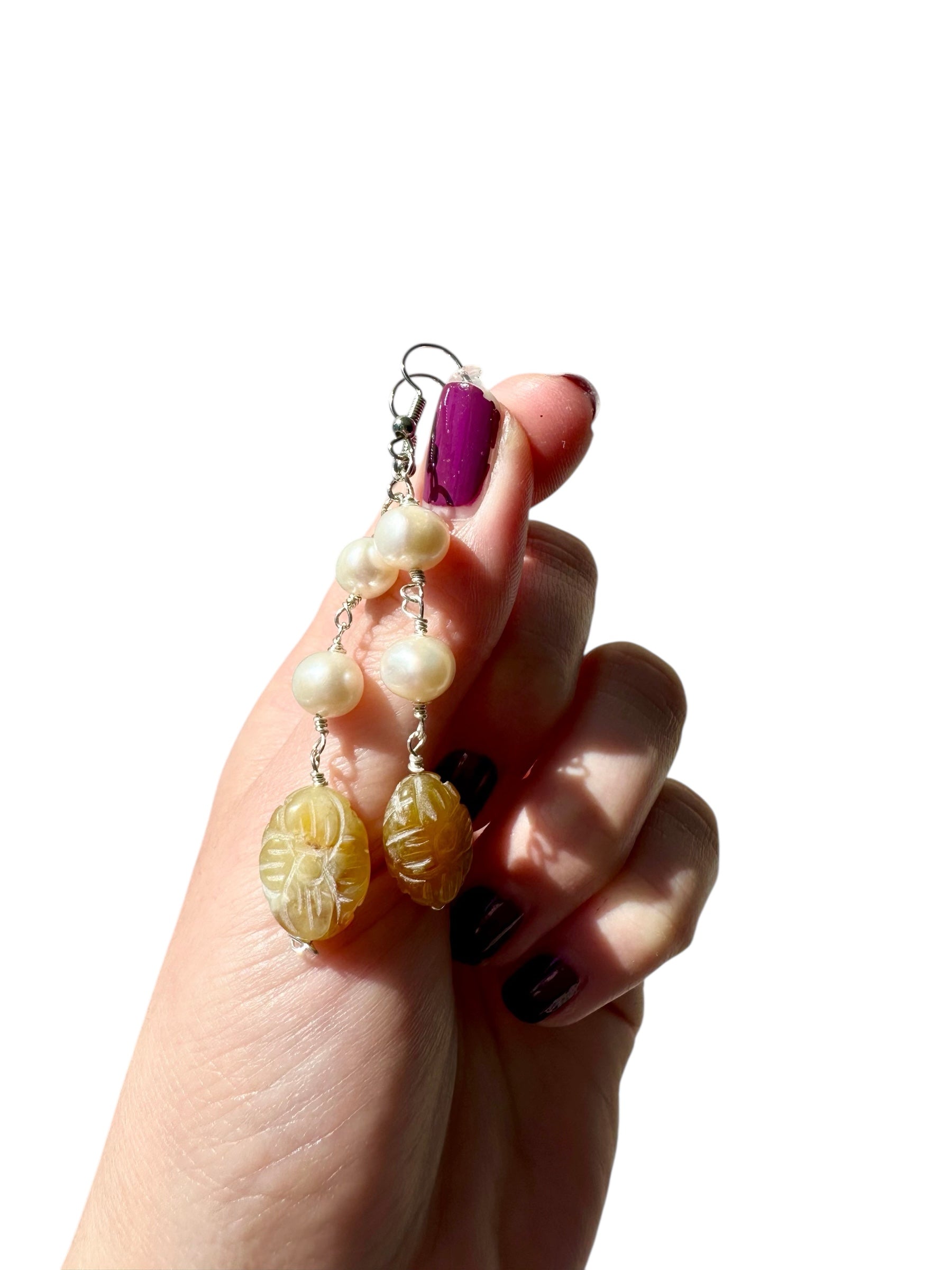 Catalina - Flower Jade and Freshwater Pearl Gemstone Earrings
