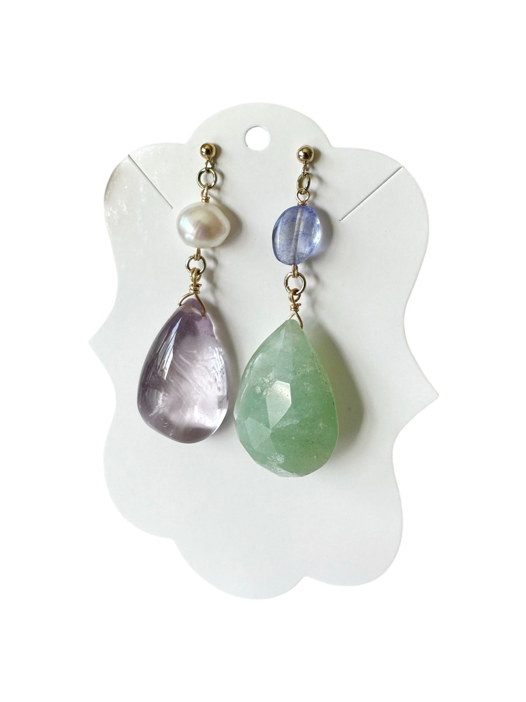 Sweet Pea - Fluorite, Freshwater Pearl, Tanzanite and Amazonite Gemstone Earrings
