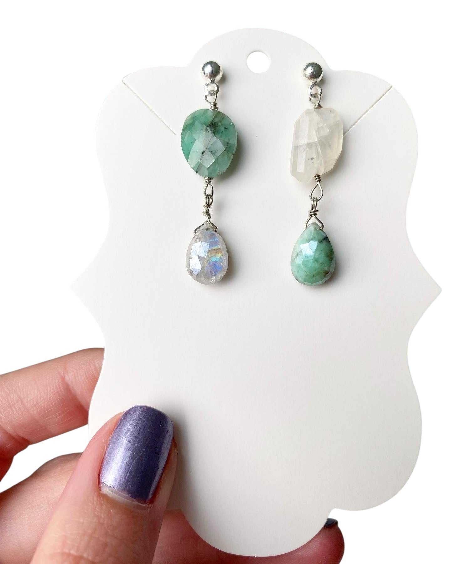 Olive - Asymmetrical Moonstone and Emerald Gemstone Earrings
