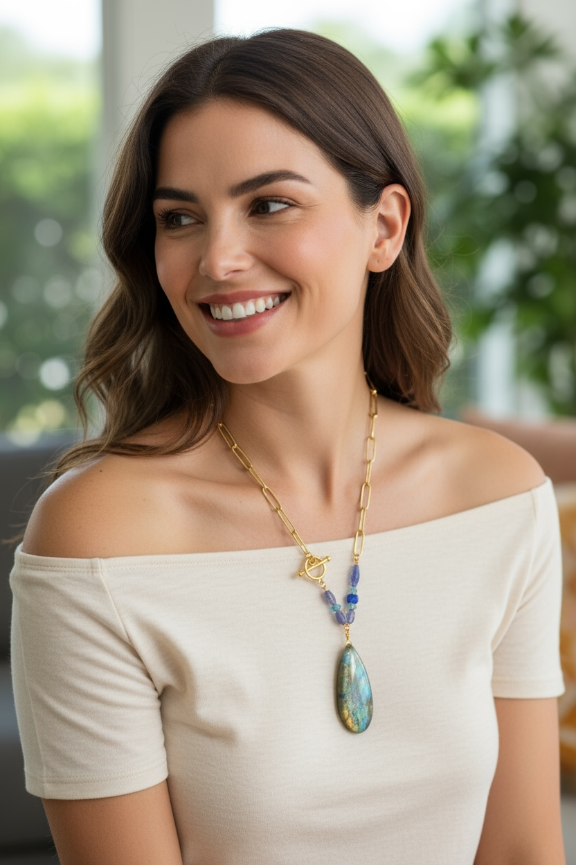 Presley Statement Gemstone Necklace - Labradorite, Tanzanite and Kyanite | Handmade Jewelry