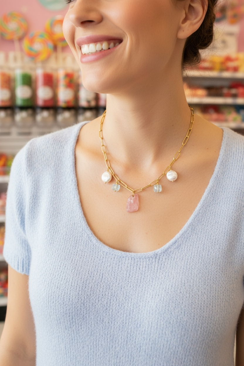 Pink Starburst Gemstone Necklace - Pink Tourmaline, Moonstone and Freshwater Pearl | Handmade Jewelry