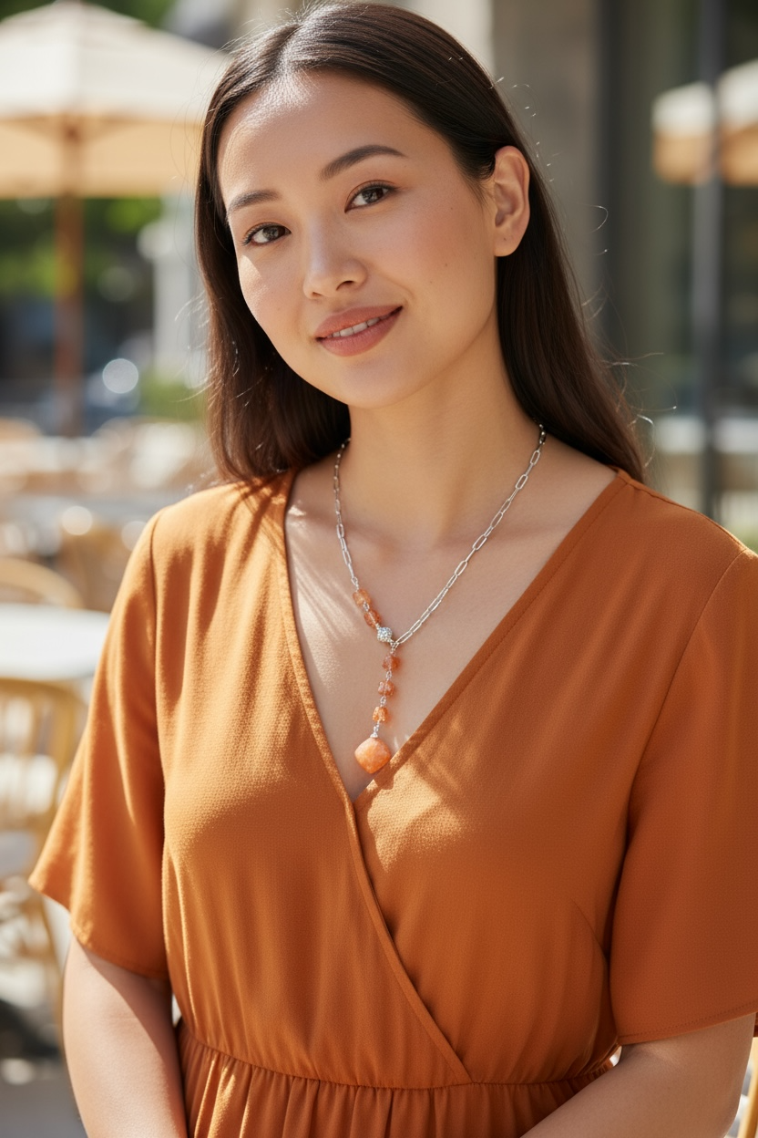 Nora Gemstone Necklace - Cascading Sunstone Paperclip Chain Lariat Necklace | Handmade Jewelry