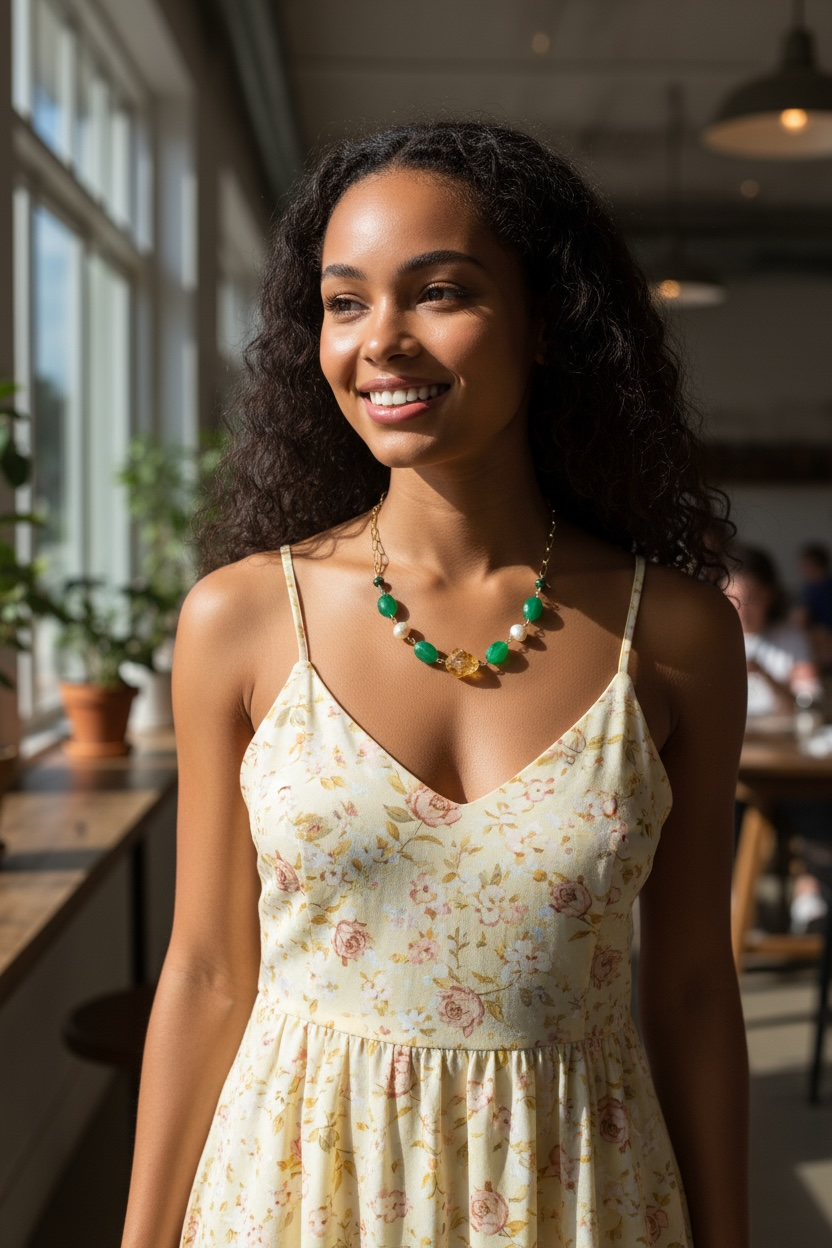 Celia Gemstone Necklace - Citrine, Green Onyx, Freshwater Pearl and Emerald Paperclip Chain Necklace | Handmade Jewelry
