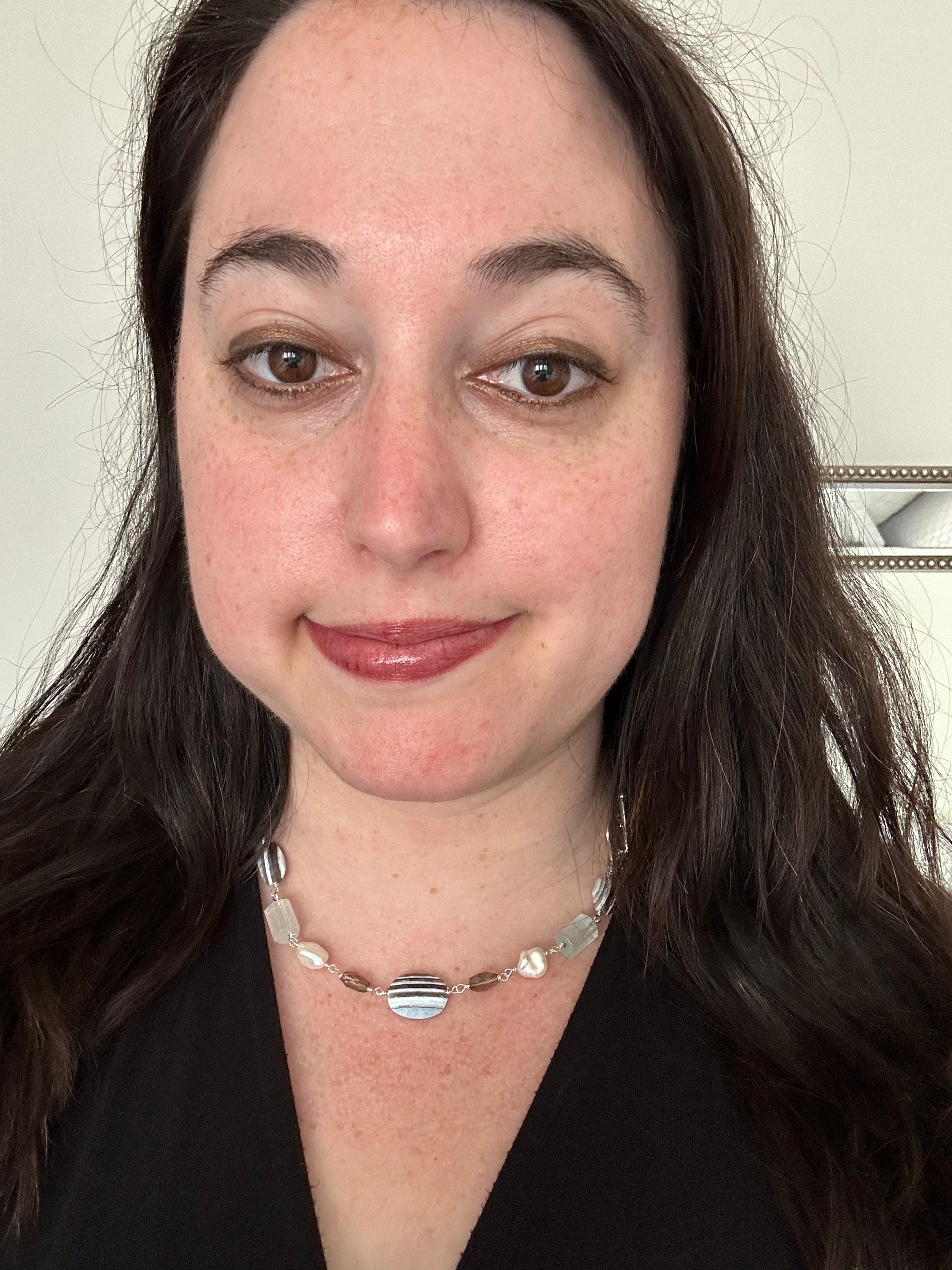 Maxine - Owyhee Blue Opal, Aquamarine, Smoky Quartz and Freshwater Pearl Gemstone Paperclip Chain Necklace and Earrings