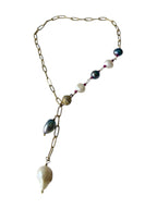 Lulu Gemstone Necklace - Cascading Pearl and Paperclip Chain Lariat Necklace | Wisdom, Passion and Trust
