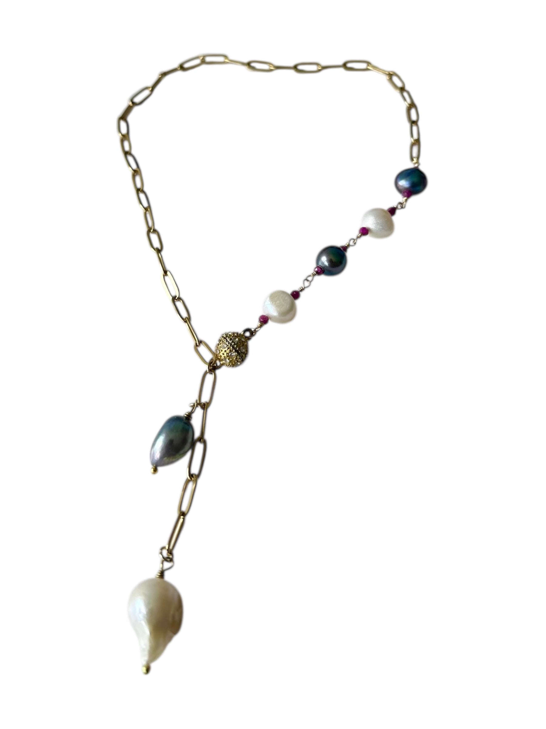 Lulu Gemstone Necklace - Cascading Pearl and Paperclip Chain Lariat Necklace | Handmade Jewelry