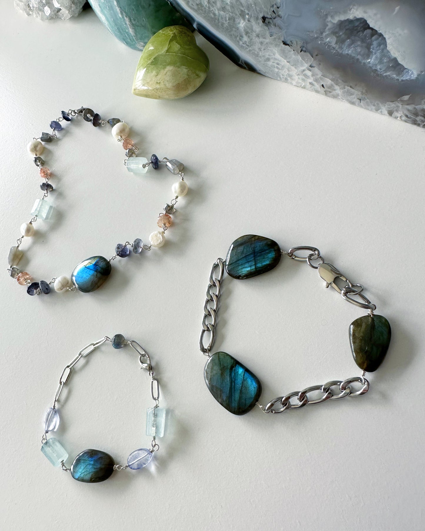 Wave - Labradorite, Iolite, Freshwater Pearl, Sunstone, Moonstone and Aquamarine Gemstone Necklace