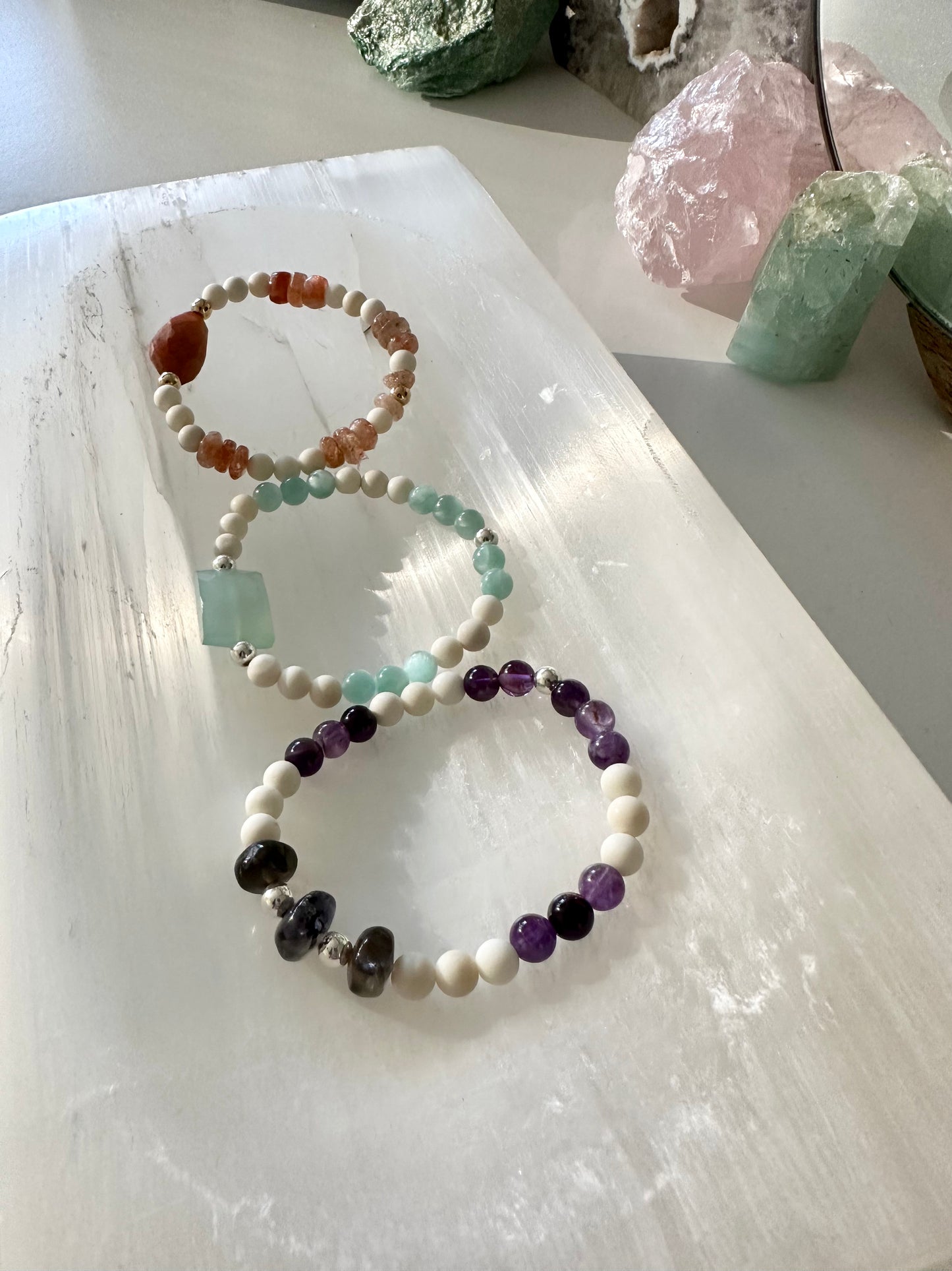 Seaglass - Amethyst, Chalcedony, Sunstone Gemstone Bracelets