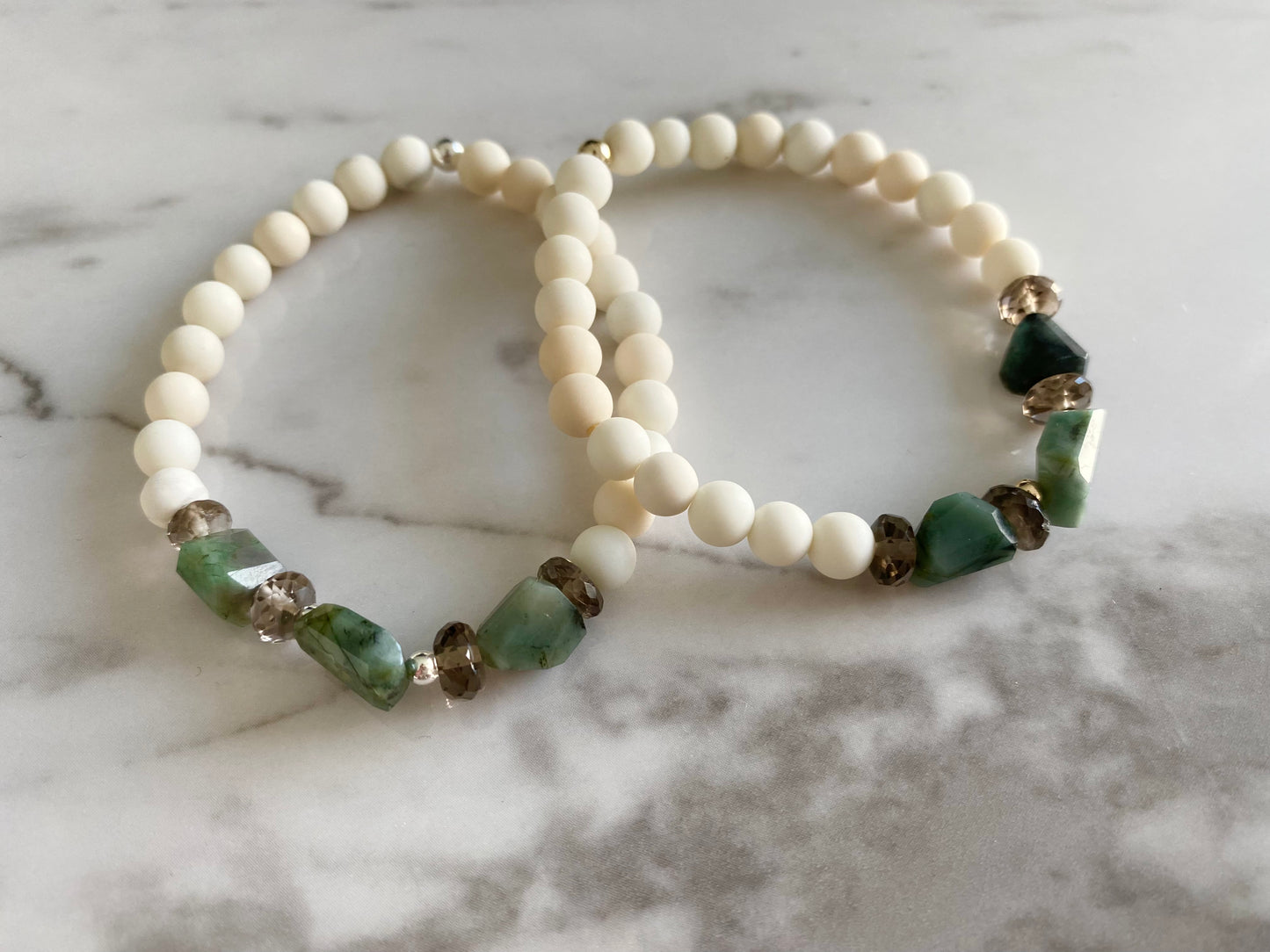 Camille - Emerald, Smoky Quartz and White Jade Gemstone Bracelets