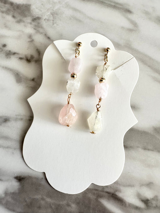 Mila - Asymmetrical Rose Quartz and Moonstone Gemstone Earrings