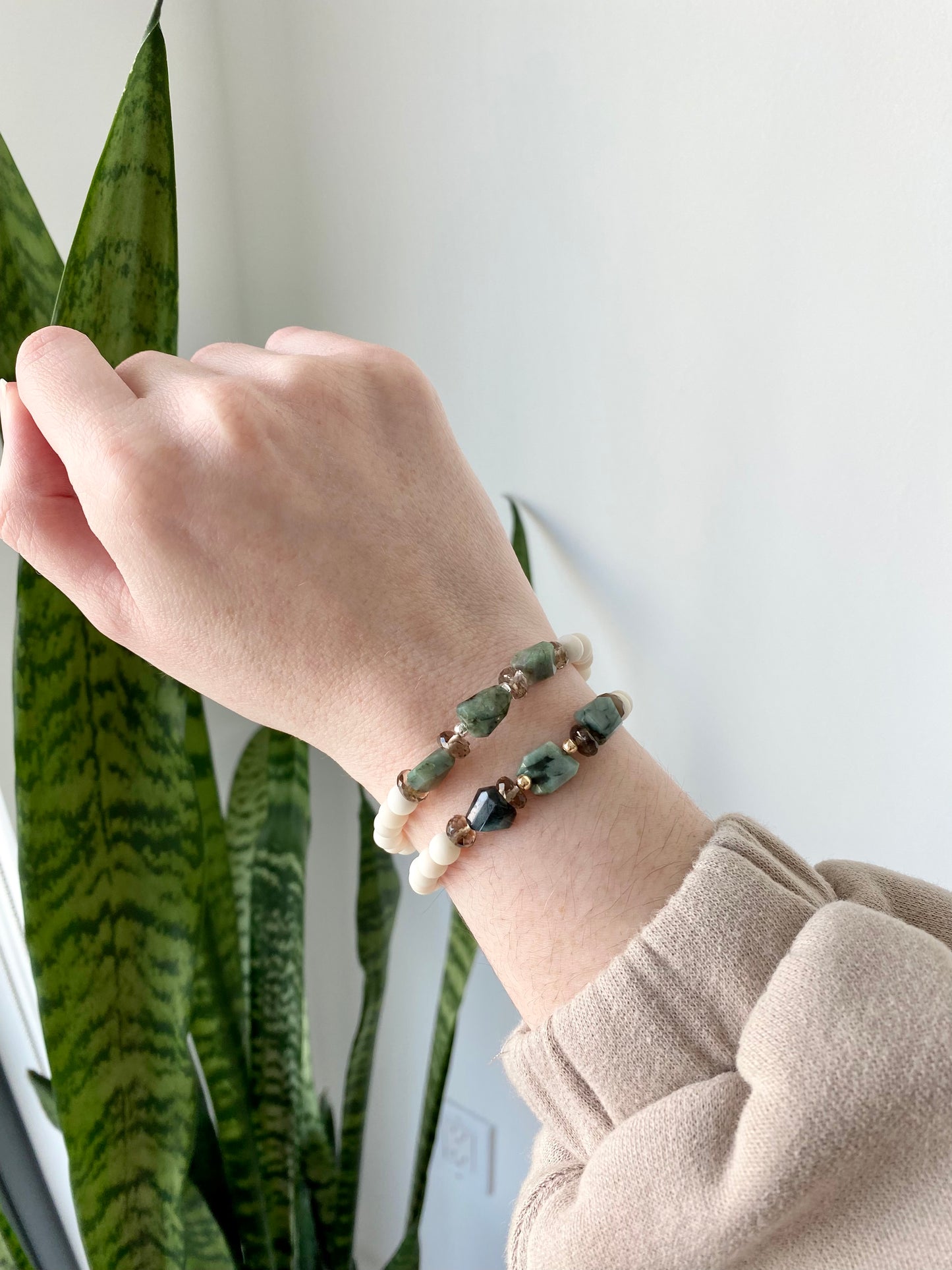 Camille - Emerald, Smoky Quartz and White Jade Gemstone Bracelets