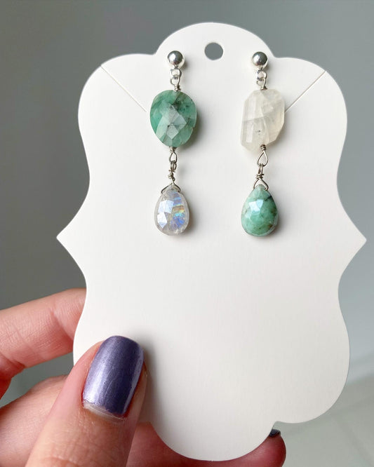 Olive - Asymmetrical Moonstone and Emerald Gemstone Earrings