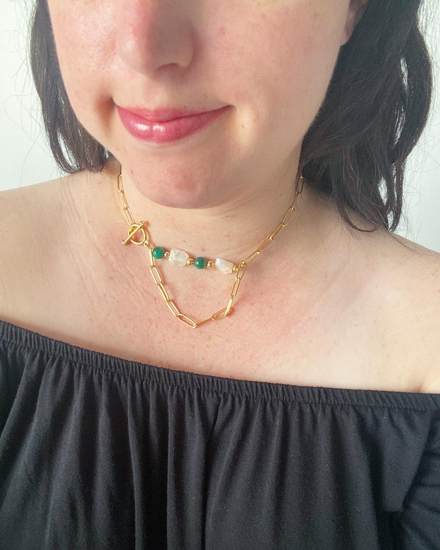 Sage - Moonstone and Malachite Gemstone Paperclip Chain Necklace